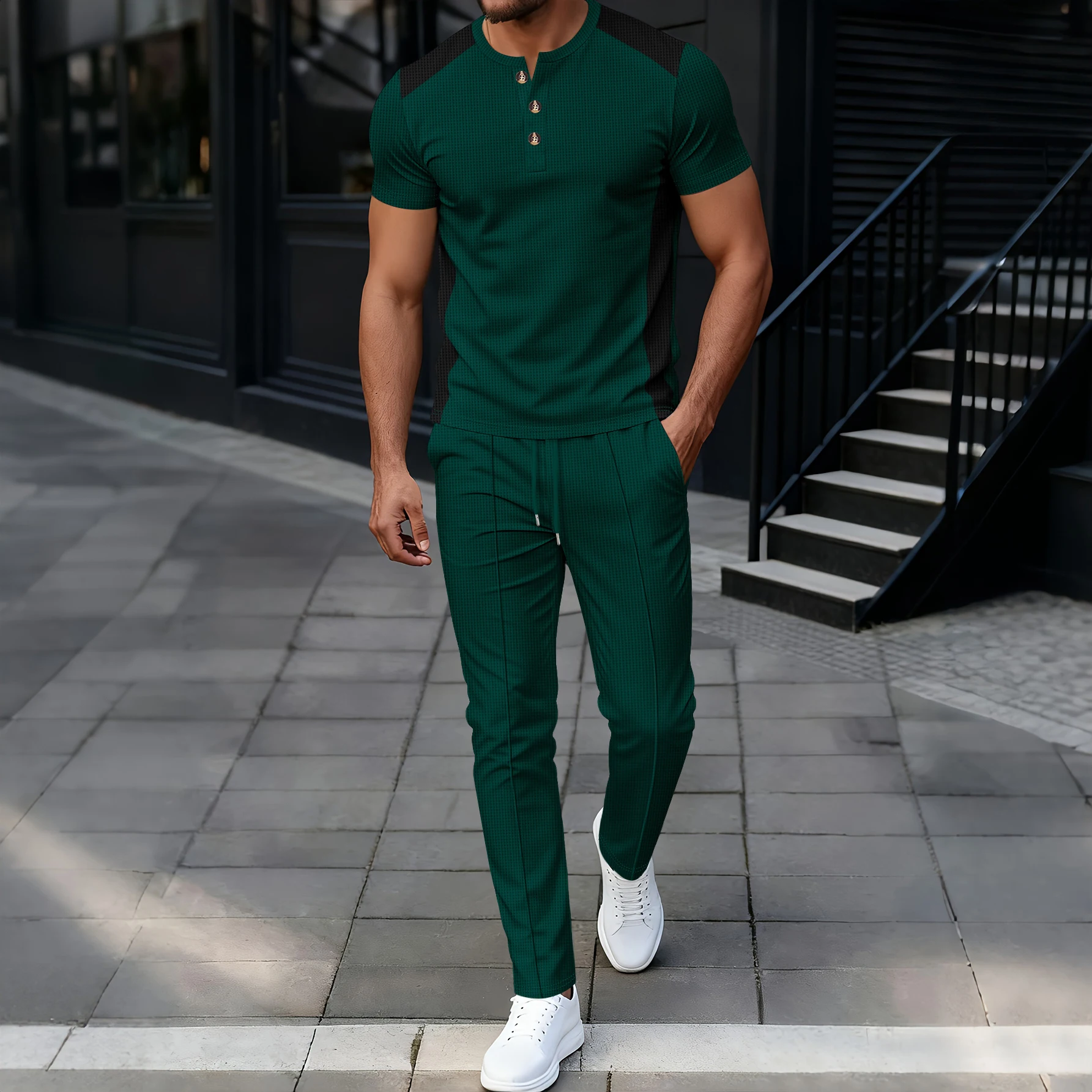 Men's Summer Contrast Panel Waffle Knit Outfit, Henley Neck Short Sleeve T-Shirt & Long Pants Set
Men's Summer Contrast Panel Waffle Knit Outfit, Henley Neck Short Sleeve T-Shirt & Long Pants Set