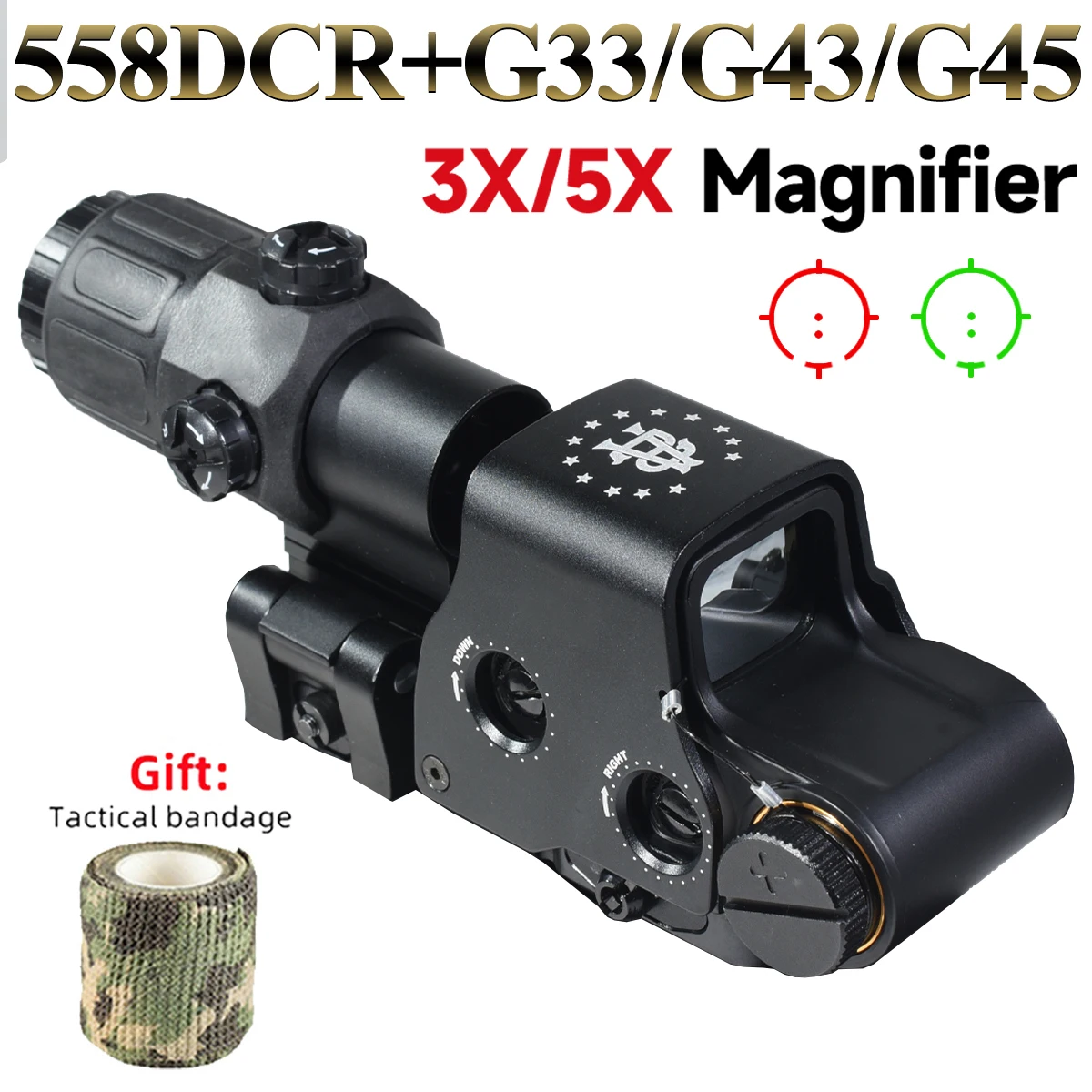 E*T*CH 558 DC* Green Red Dot Holographic Sight W/ G33/G43/G45 3X 5X Magnifier Hunting Fit 20mm Rail Mounts & QD Lever
E*T*CH 558 DC* Green Red Dot Holographic Sight W/ G33/G43/G45 3X 5X Magnifier Hunting Fit 20mm Rail Mounts & QD Lever