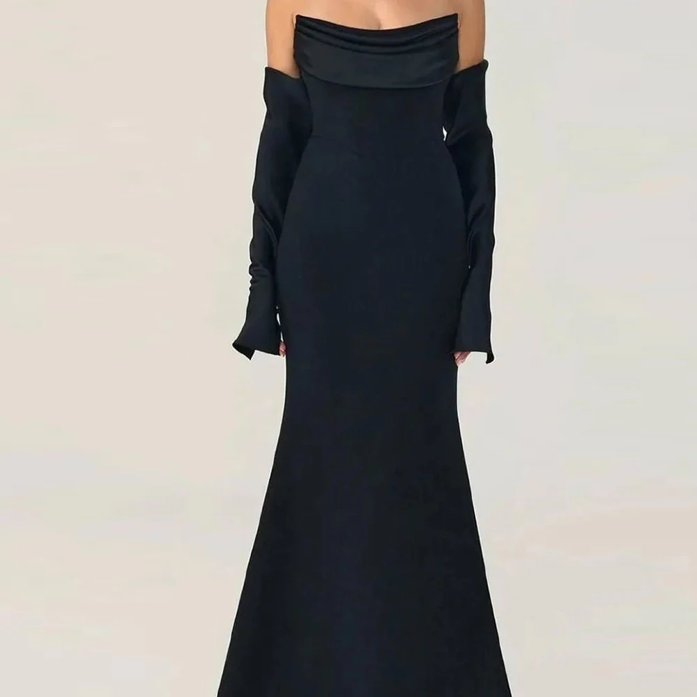 3/4 Sleeves Mermaid Jersey Off the Shoulder Floor Length Evening Dress Fashion Pleats Sweep Train Solid Black Quinceanera Gowns
3/4 Sleeves Mermaid Jersey Off the Shoulder Floor Length Evening Dress Fashion Pleats Sweep Train Solid Black Quinceanera Gowns
