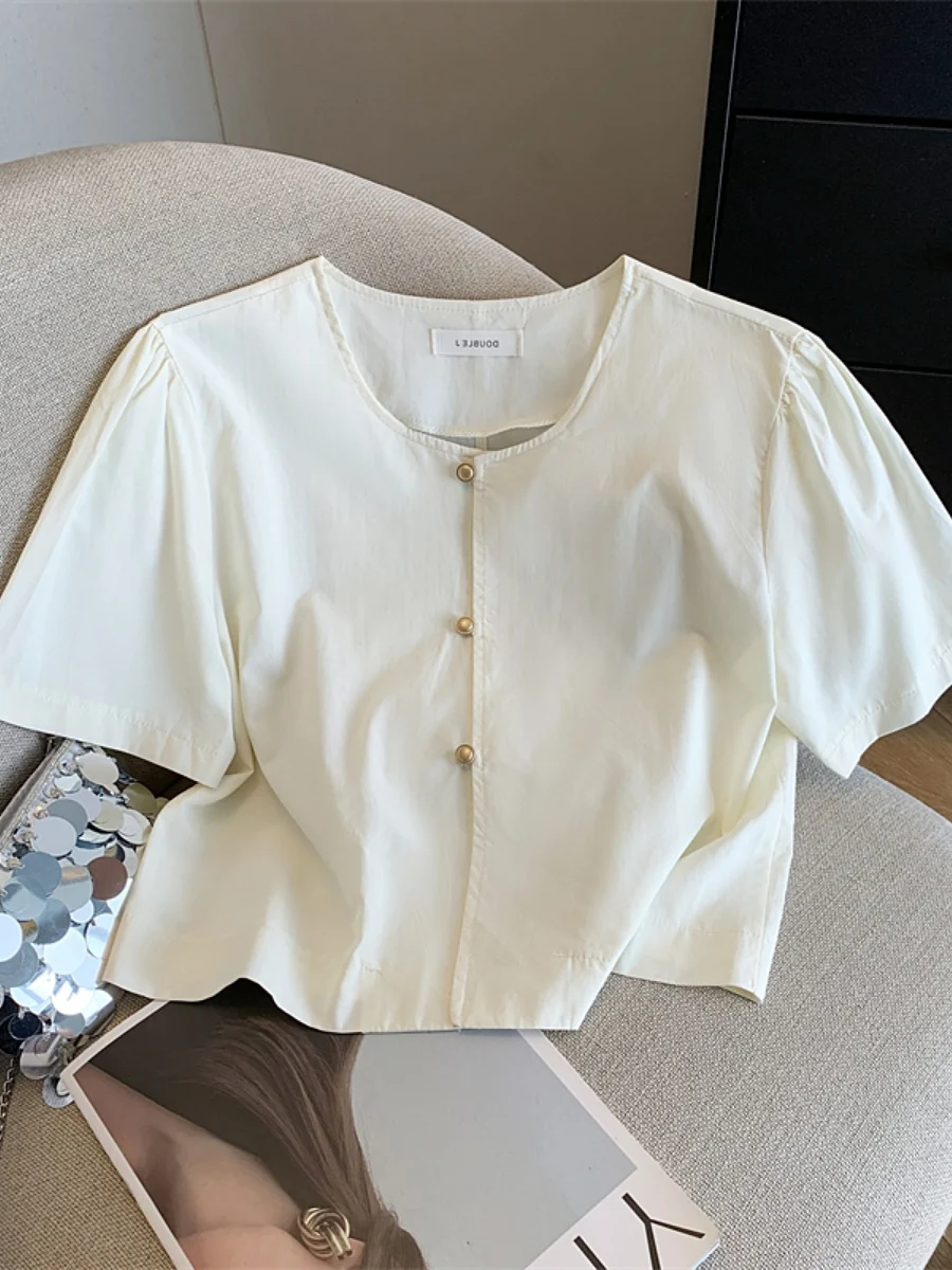 Slimming Short Sleeve Shirt Women's Summer Fashionable Korean Style Cotton Straight Cut Thin Fabric round Neck Short Length
Slimming Short Sleeve Shirt Women's Summer Fashionable Korean Style Cotton Straight Cut Thin Fabric round Neck Short Length