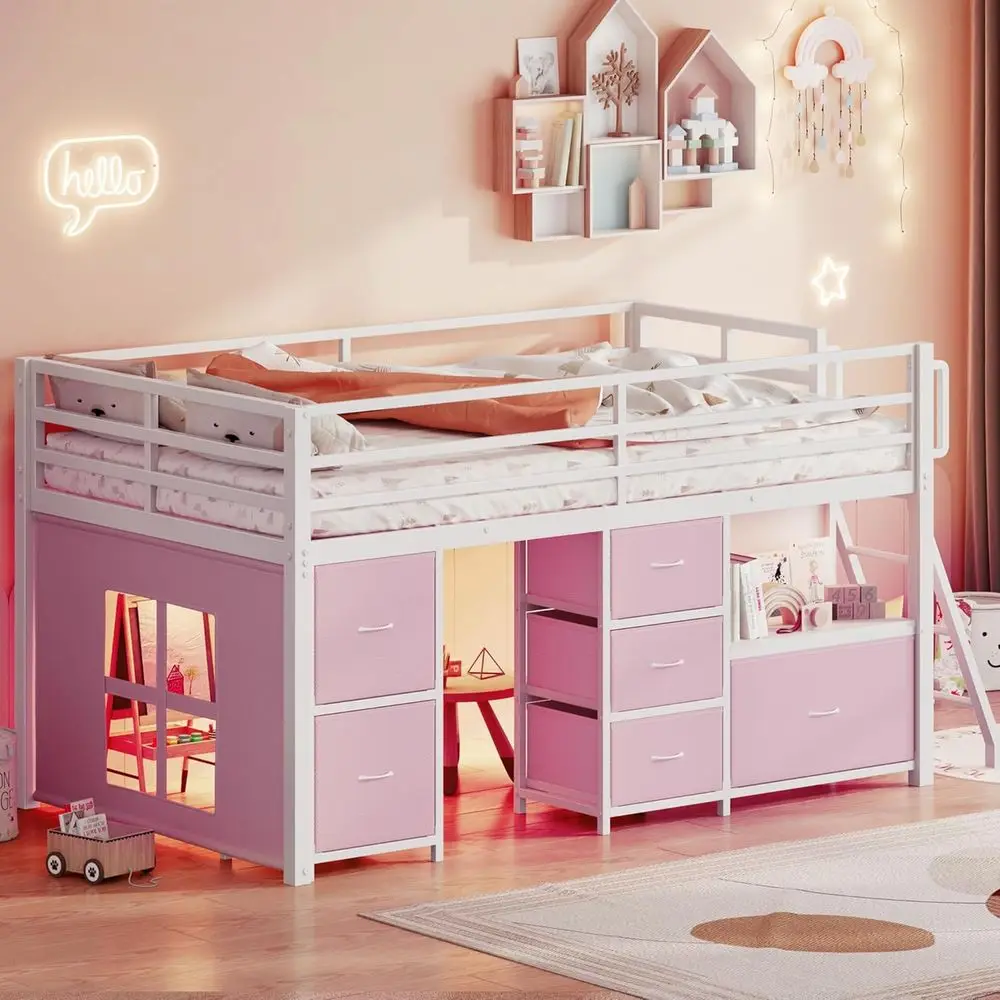 Twin Size Kids Loft Bed with Storage Drawers, Bookcase, LED Lights, Play Curtain, and Safety Rails
Twin Size Kids Loft Bed with Storage Drawers, Bookcase, LED Lights, Play Curtain, and Safety Rails