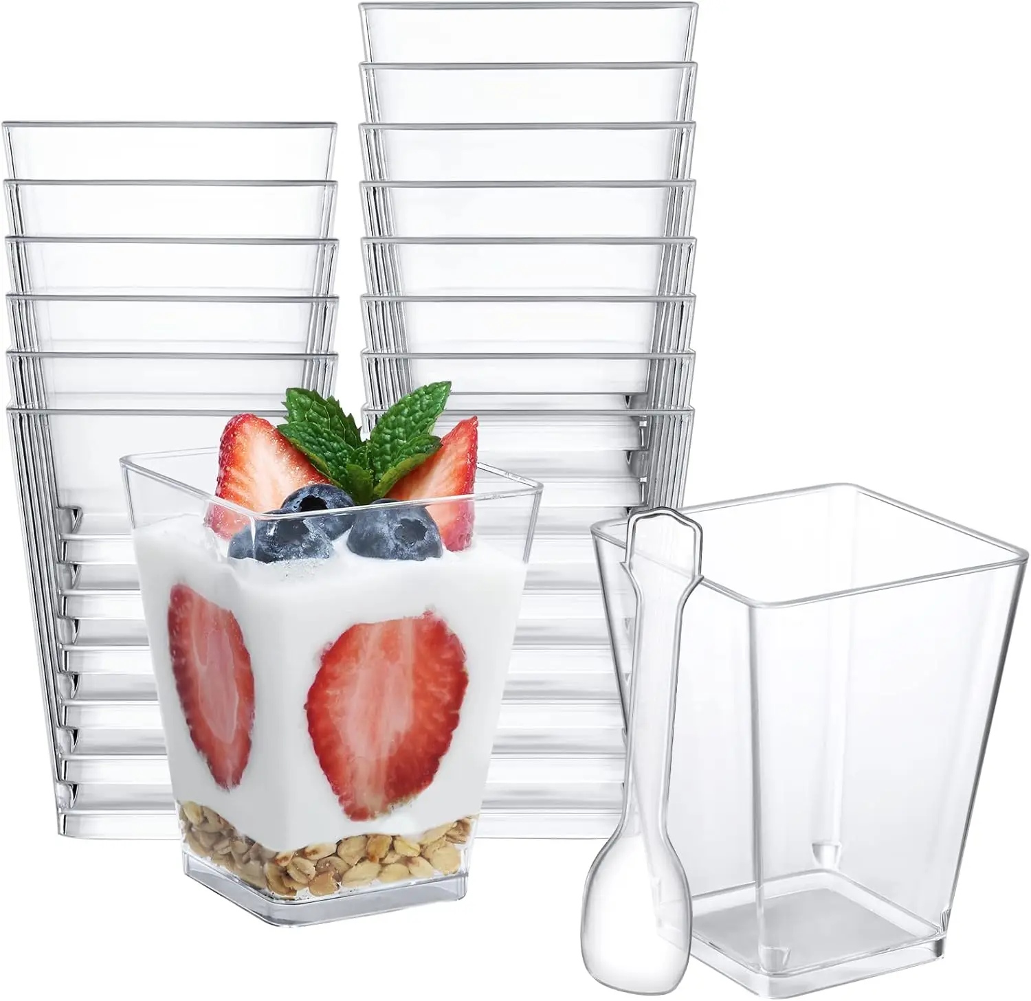 50 Pack 5 oz Clear Square Plastic Dessert Cups with Spoons, Mini Tumbler for Parfait, Mousse, Yogurt, Party Appetizers
50 Pack 5 oz Clear Square Plastic Dessert Cups with Spoons, Mini Tumbler for Parfait, Mousse, Yogurt, Party Appetizers
