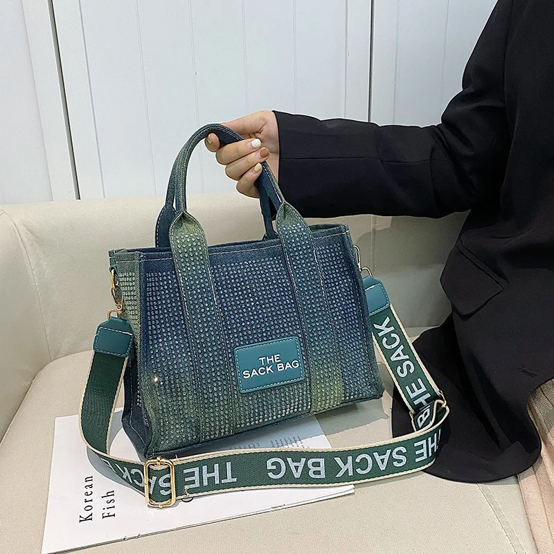 Chic Denim Tote Bag - Rhinestone Trim Two-Way Crossbody & Shoulder, Casual Square Purse with Letter Patches Women Daily Outfits 
Chic Denim Tote Bag - Rhinestone Trim Two-Way Crossbody & Shoulder, Casual Square Purse with Letter Patches Women Daily Outfits