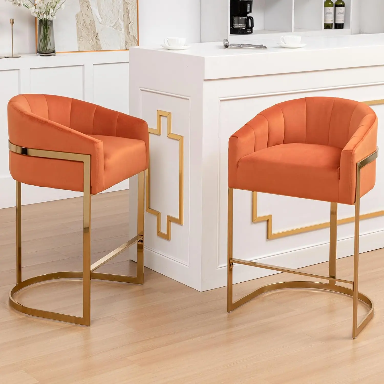 Counter Height Bar Stools Set of 2, Modern 27" H Barrel Counter Stools with Shell Back, Gold Velvet Bar Stools for Kitchen Is
Counter Height Bar Stools Set of 2, Modern 27" H Barrel Counter Stools with Shell Back, Gold Velvet Bar Stools for Kitchen Is