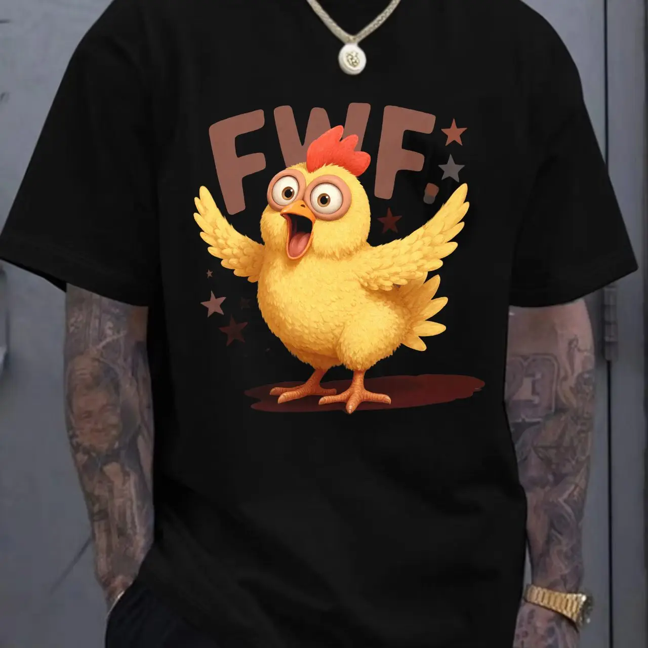 Cute Cartoon Yellow Chick with Red Comb & Brown Glasses T-Shirt - Crew Neck Short Sleeve, Colorful Graphic 'FWF!' with Brown Gra
Cute Cartoon Yellow Chick with Red Comb & Brown Glasses T-Shirt - Crew Neck Short Sleeve, Colorful Graphic 'FWF!' with Brown Gra