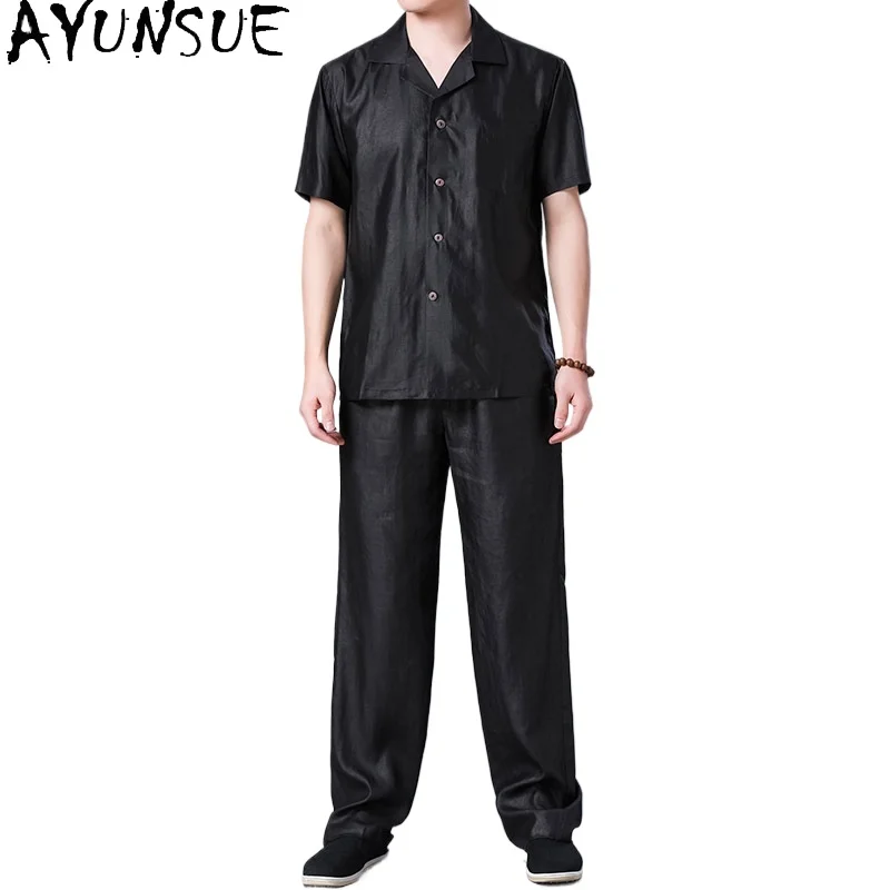 AYUNSUE 100% Natural Mulberry Silk Shirts for Men 2026 Summer Casual Black Pants Man Two Piece Outfit Set Loose Shirt and Pants
AYUNSUE 100% Natural Mulberry Silk Shirts for Men 2026 Summer Casual Black Pants Man Two Piece Outfit Set Loose Shirt and Pants