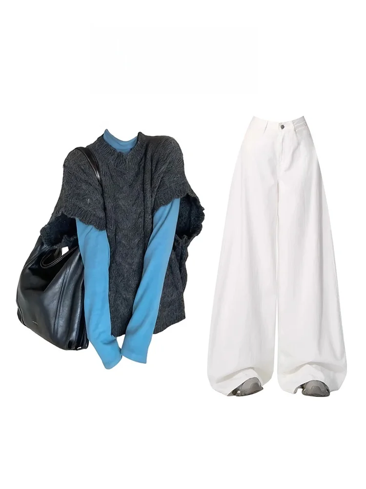 Parkyeon Women's Grey Knitted Short Sleeve Sweater Blue Base Shirt Wide Leg Pants Three Piece Set Chic Winter Fashion Ensemble
Parkyeon Women's Grey Knitted Short Sleeve Sweater Blue Base Shirt Wide Leg Pants Three Piece Set Chic Winter Fashion Ensemble
