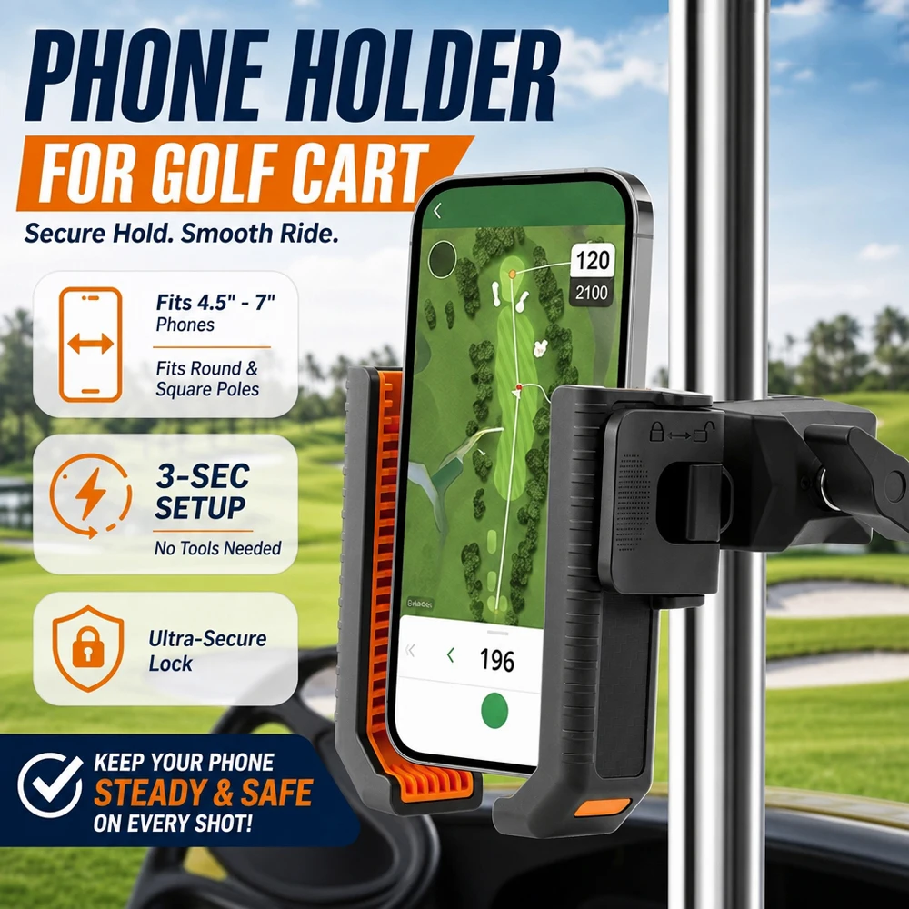 Golf Cart Phone Holder Tool Free Anti Shake Mount Universal Square Round Pole Handlebar Clamp for 4.5 to 7 Inch Screen GPS
Golf Cart Phone Holder Tool Free Anti Shake Mount Universal Square Round Pole Handlebar Clamp for 4.5 to 7 Inch Screen GPS