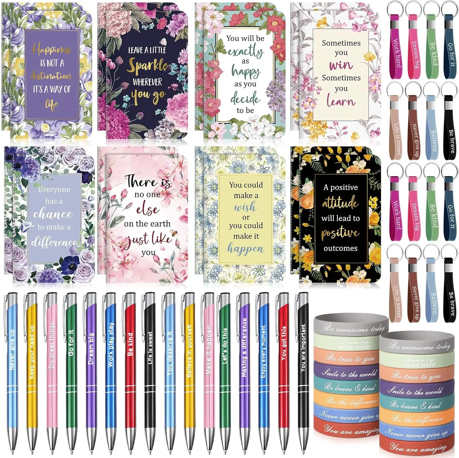 64 Pcs Inspirational Gift Set - Motivational Notebooks, Pens, Bracelets & Keychains for Teachers, Coworkers, Women, Office, Party Favors
64 Pcs Inspirational Gift Set - Motivational Notebooks, Pens, Bracelets & Keychains for Teachers, Coworkers, Women, Office, Party Favors