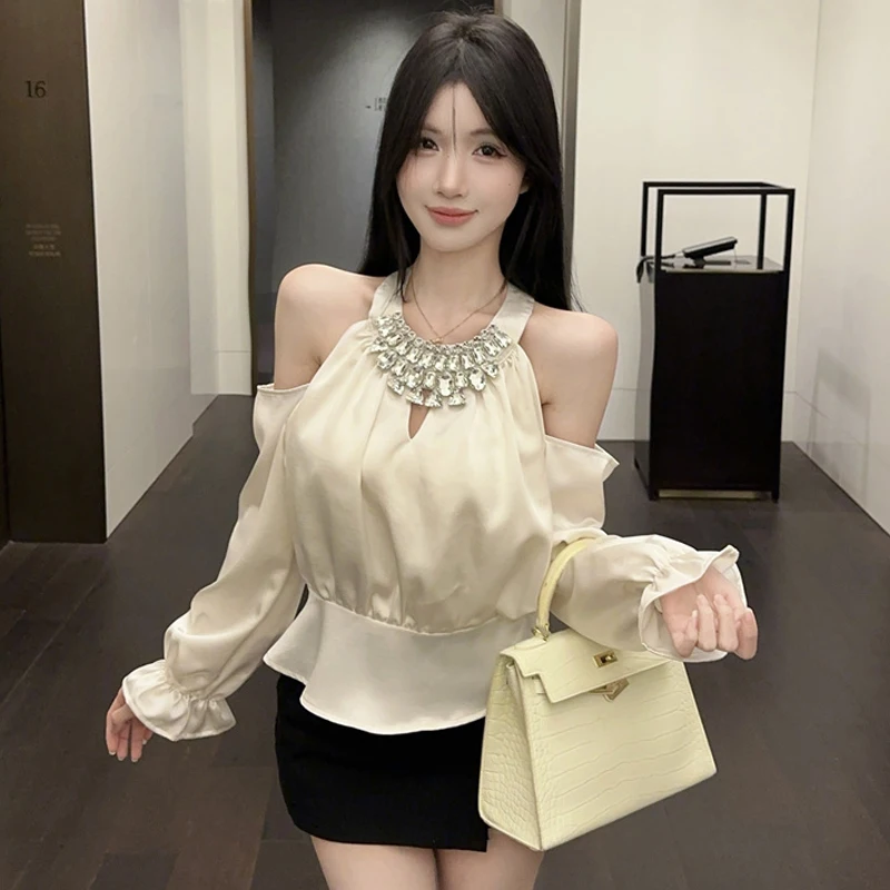 Корейские модные женские топы, сексуальная рубашка с открытыми плечами и длинными рукавами с бриллиантами, пуловеры с подвесным воротником, блузка
Корейские модные женские топы, сексуальная рубашка с открытыми плечами и длинными рукавами с бриллиантами, пуловеры с подвесным воротником, блузка