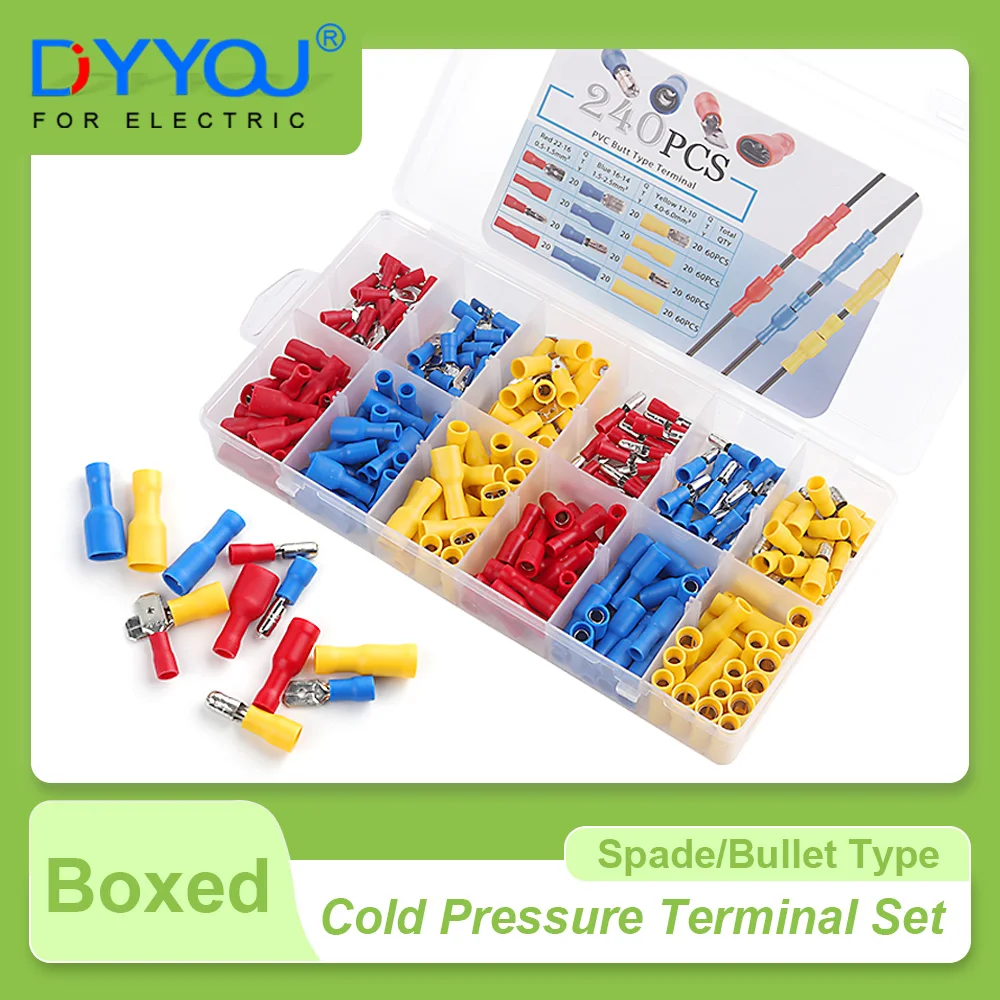 240PCS Cold Pressure Terminal Boxed Spade/Bullet Type Insulated Crimp Wiring Terminal Kit Female Male Butt Wire Connectors Set
240PCS Cold Pressure Terminal Boxed Spade/Bullet Type Insulated Crimp Wiring Terminal Kit Female Male Butt Wire Connectors Set