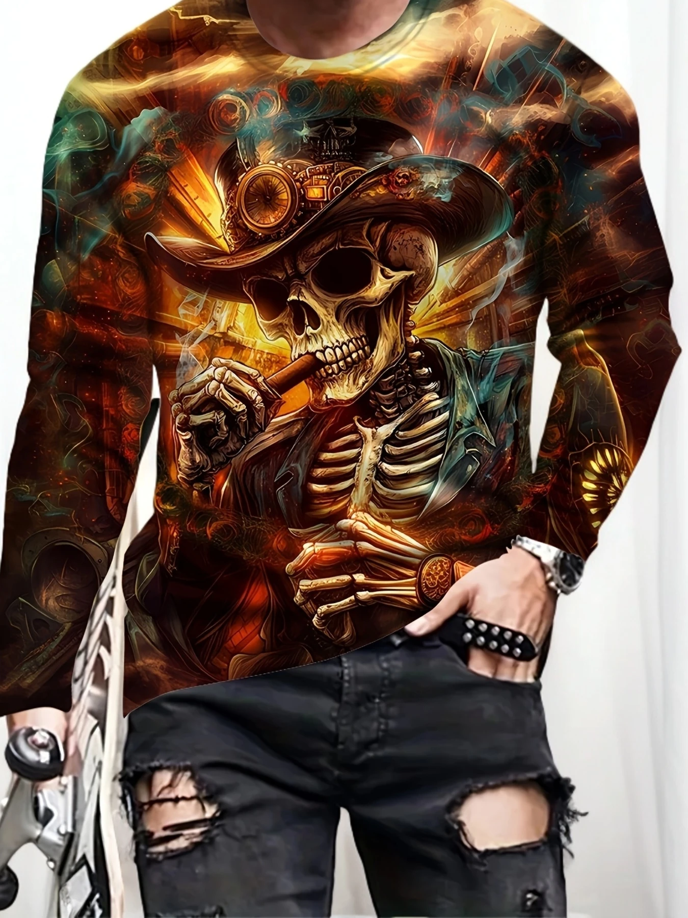 2025 Men's Halloween Gothic Skull Smoking Pattern Long Sleeve T-shirt Round Neck Breathable Funny Casual 3D Printing
2025 Men's Halloween Gothic Skull Smoking Pattern Long Sleeve T-shirt Round Neck Breathable Funny Casual 3D Printing