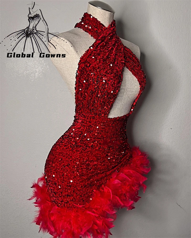 Sparkly Red Halter Short Prom Dresses For Black Girls Sequined Birthday Party Dress Feathers Mini Cocktail Cut Out Customized
Sparkly Red Halter Short Prom Dresses For Black Girls Sequined Birthday Party Dress Feathers Mini Cocktail Cut Out Customized