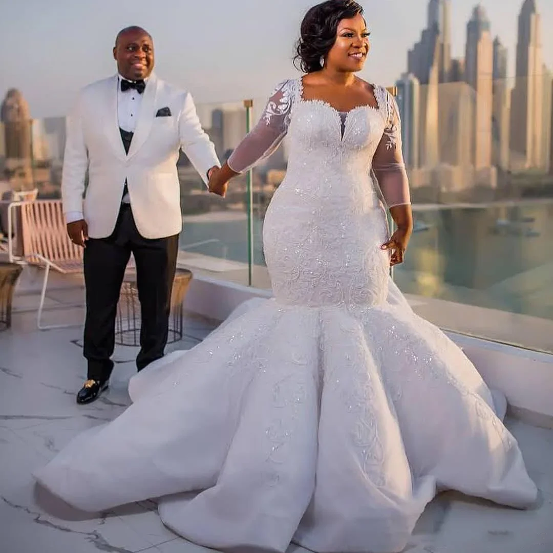 Lace Appliques Plus Size Sheer Long Sleeves Bridal Gowns Satin Sweep Train Wedding Vestido South African Mermaid Wedding Dresse
Lace Appliques Plus Size Sheer Long Sleeves Bridal Gowns Satin Sweep Train Wedding Vestido South African Mermaid Wedding Dresse
