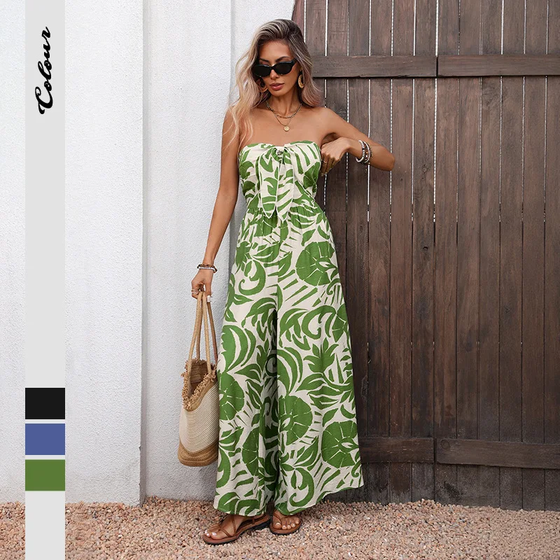 Women's Boho Green Tropical Print Strapless Jumpsuit with Tie Front Detail, Sleeveless Long Cami Jumpsuit for Summer Beachwear
Women's Boho Green Tropical Print Strapless Jumpsuit with Tie Front Detail, Sleeveless Long Cami Jumpsuit for Summer Beachwear