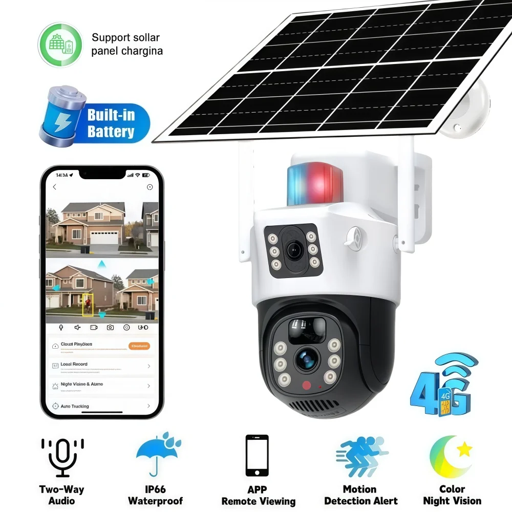Solar-Powered Camera 4G IP CCTV HD 8MP Dual-Lens Outdoor Surveillance Night Vision PIR Detection IP66 Home Security Pet Monitor
Solar-Powered Camera 4G IP CCTV HD 8MP Dual-Lens Outdoor Surveillance Night Vision PIR Detection IP66 Home Security Pet Monitor