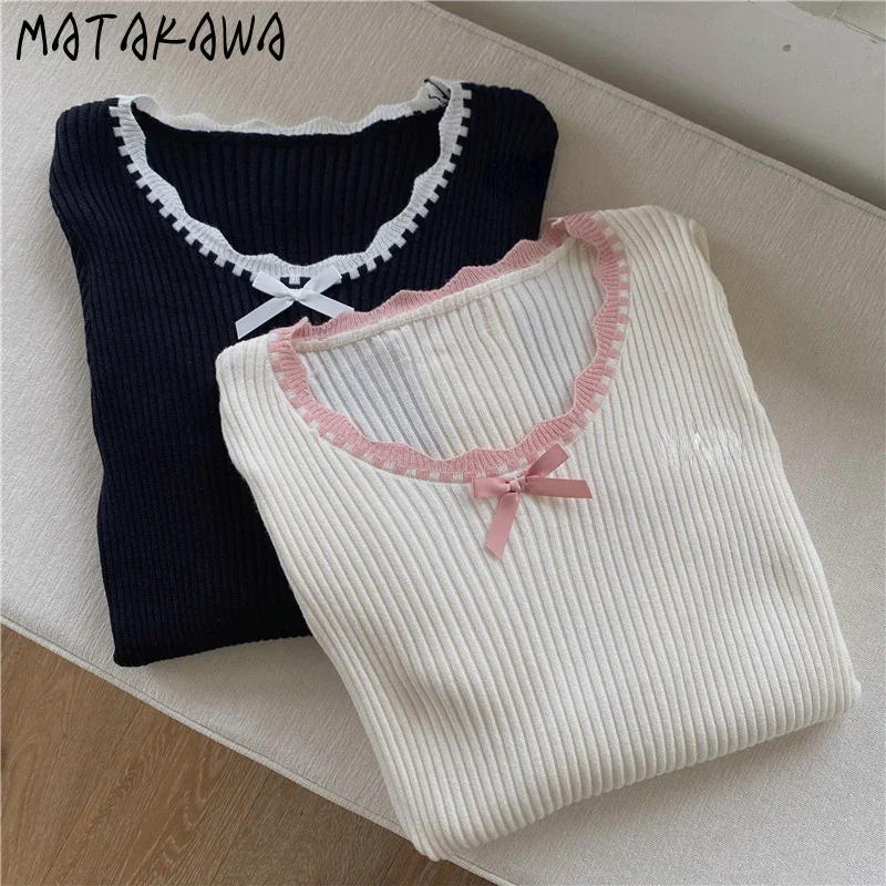 Matakawa Sweet Bows женские свитера Y2k корейская мода осень-зима короткие пуловеры контрастного цвета ретро тонкий Sueter Mujer
Matakawa Sweet Bows женские свитера Y2k корейская мода осень-зима короткие пуловеры контрастного цвета ретро тонкий Sueter Mujer