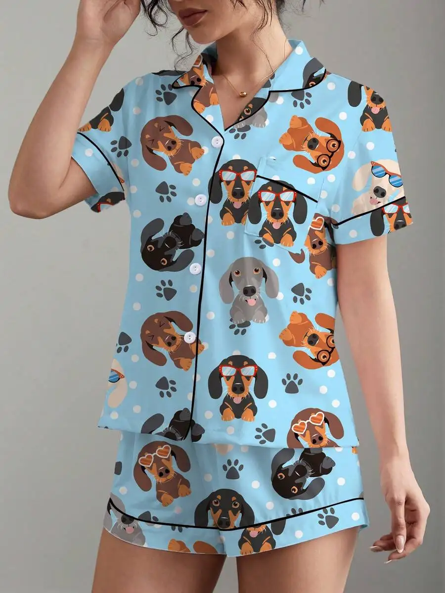 2pcs Women Pajama Set Cute Dachshund Print Short Sleeve Button Up Shirt And Shorts Comfortable Sleepwear
2pcs Women Pajama Set Cute Dachshund Print Short Sleeve Button Up Shirt And Shorts Comfortable Sleepwear