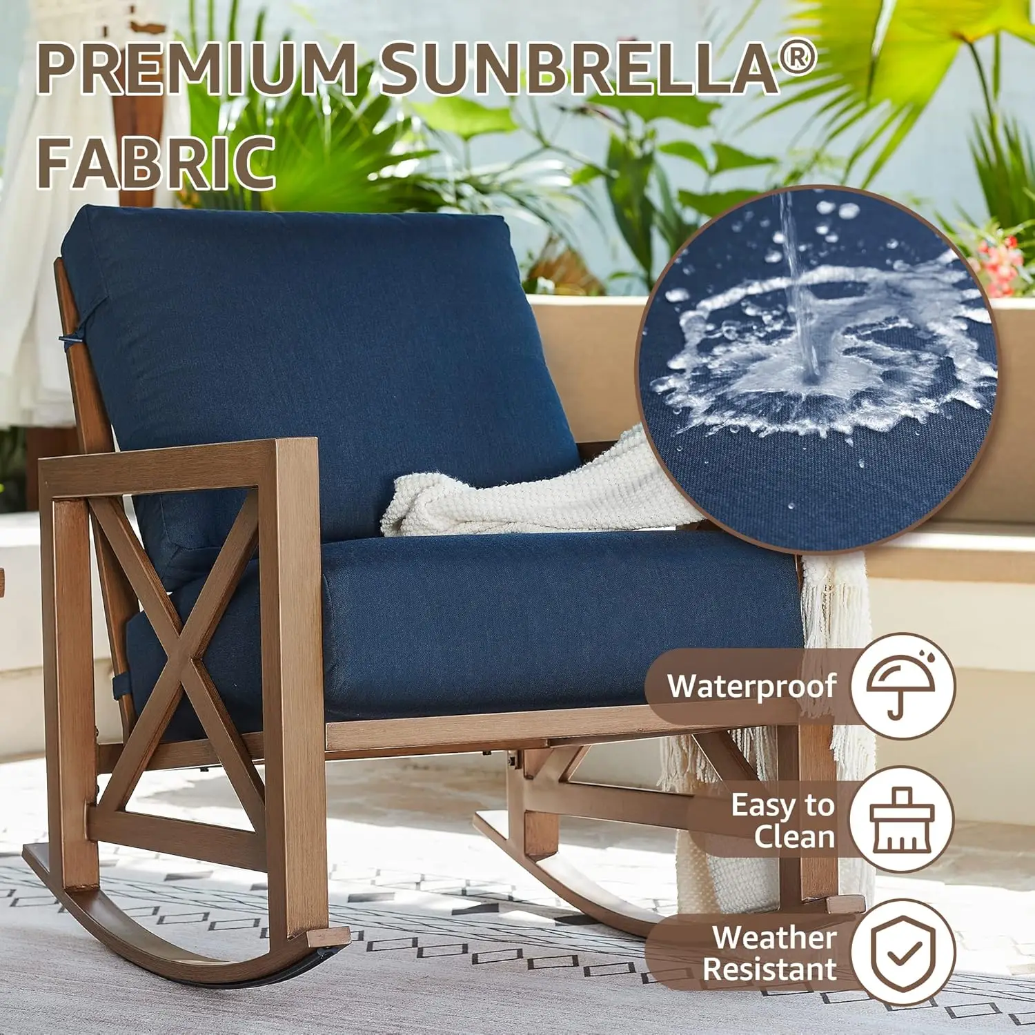 Sunbrella Rocking Bistro Set, 3 Piece Outdoor Patio Conversation Furniture Set with 6.5'' Thick Cushions Wood Grain Finish Frame
Sunbrella Rocking Bistro Set, 3 Piece Outdoor Patio Conversation Furniture Set with 6.5'' Thick Cushions Wood Grain Finish Frame