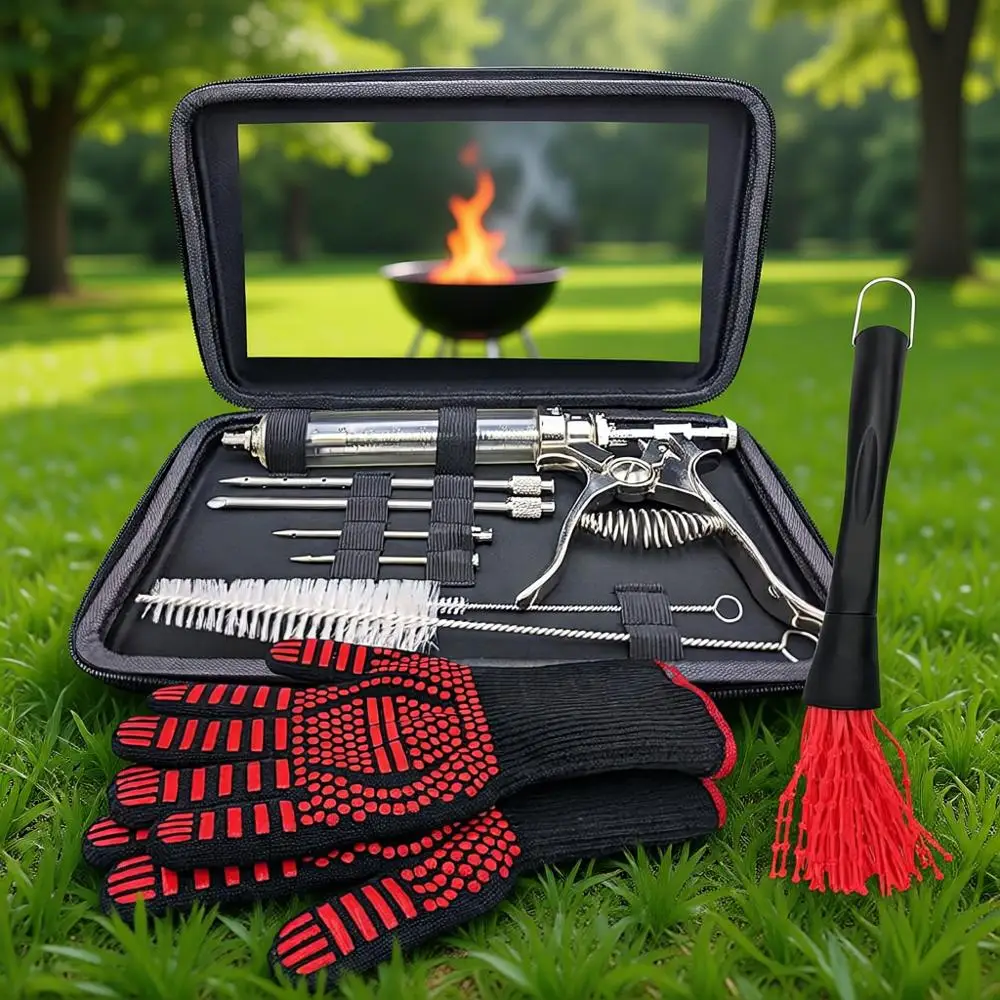 Профессиональный набор для копчения мяса: инжектор-шприц для копчения с кейсом, термостойкие перчатки и силиконовая щетка-моп
Профессиональный набор для копчения мяса: инжектор-шприц для копчения с кейсом, термостойкие перчатки и силиконовая щетка-моп