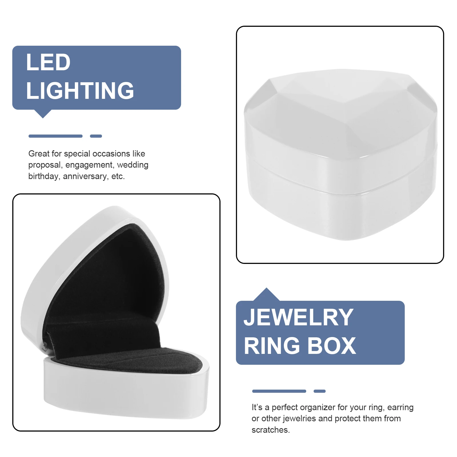 Светодиодная коробка для колец в форме сердца, белый держатель для ювелирных изделий, уникальный дизайн, креативный контейнер, подарки на помолвку
Светодиодная коробка для колец в форме сердца, белый держатель для ювелирных изделий, уникальный дизайн, креативный контейнер, подарки на помолвку