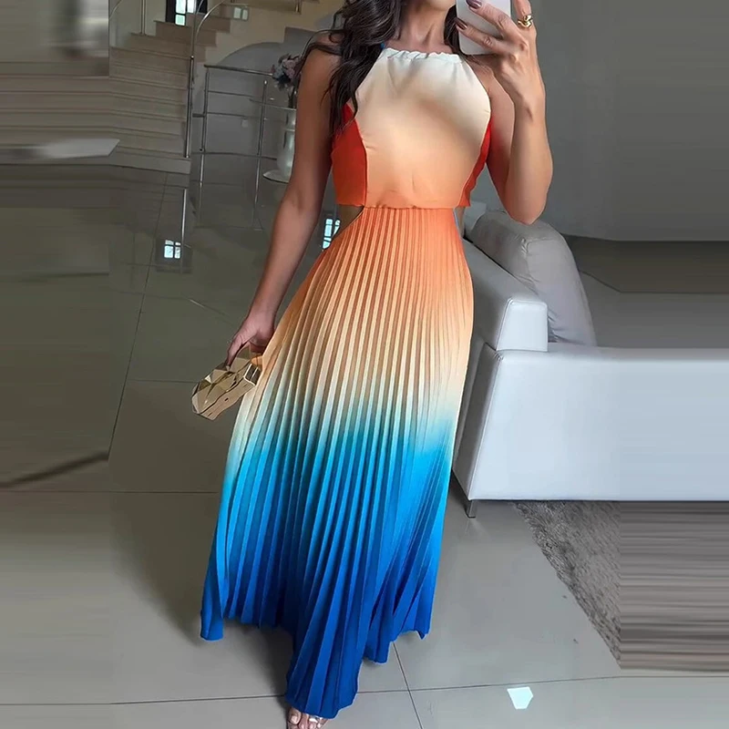 2025 New Gradient Printed Pleated Long Dress Women O-neck Lace Up Backless Holiday Dress Elegant High Waist Loose Party Dresses
2025 New Gradient Printed Pleated Long Dress Women O-neck Lace Up Backless Holiday Dress Elegant High Waist Loose Party Dresses