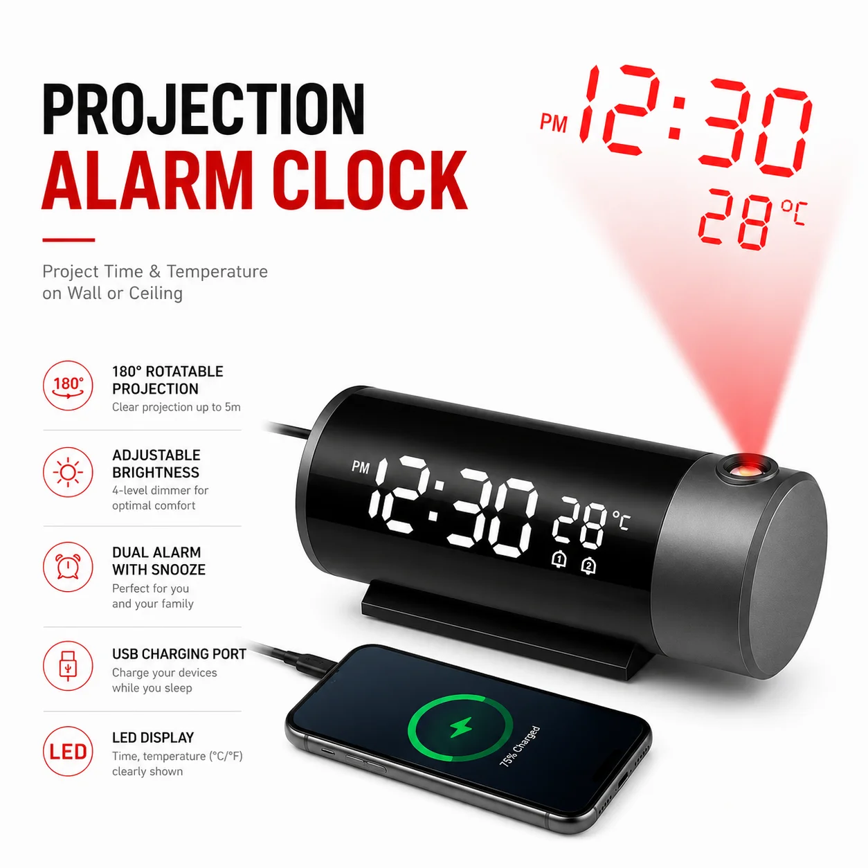 Projection Alarm Clock 180° Ceiling Digital LED Clock with Temperature Humidity Monitor, 4 Dimmable Brightness, USB Charger
Projection Alarm Clock 180° Ceiling Digital LED Clock with Temperature Humidity Monitor, 4 Dimmable Brightness, USB Charger