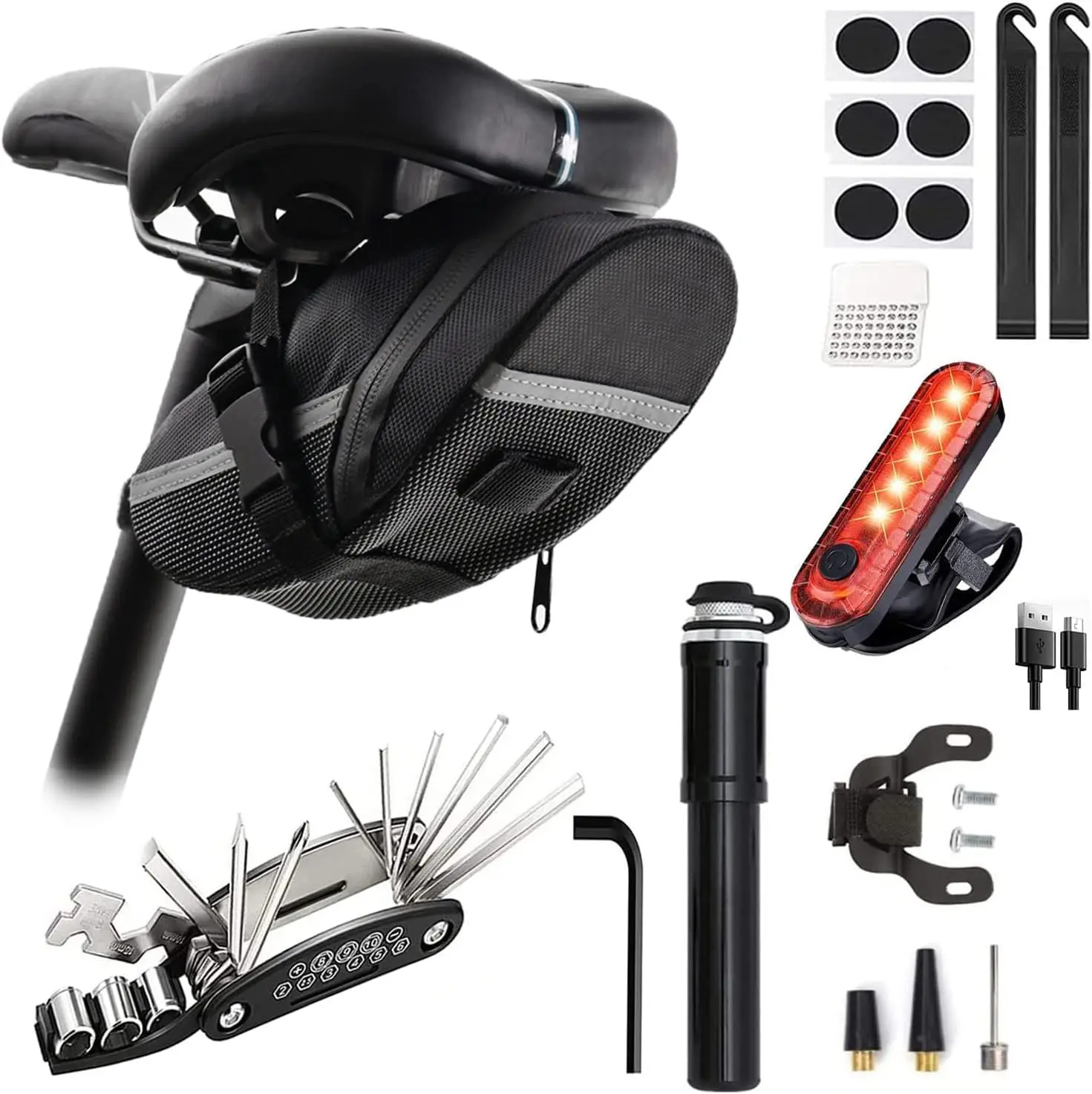 16-in-1 Bike Repair Tool Kit with Mini Pump, Saddle Bag, Tail Light, Tire Repair for Road MTB E-Bikes, Large Capacity Set
16-in-1 Bike Repair Tool Kit with Mini Pump, Saddle Bag, Tail Light, Tire Repair for Road MTB E-Bikes, Large Capacity Set