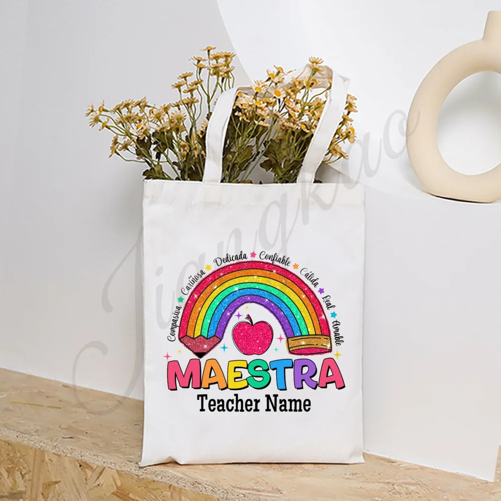 Personalised Rainbow Teacher Spanish Printed Tote Bag Custom Name Shopping Bag Handbag Fashion Shoulder Bag Teacher's Day Gifts
Personalised Rainbow Teacher Spanish Printed Tote Bag Custom Name Shopping Bag Handbag Fashion Shoulder Bag Teacher's Day Gifts