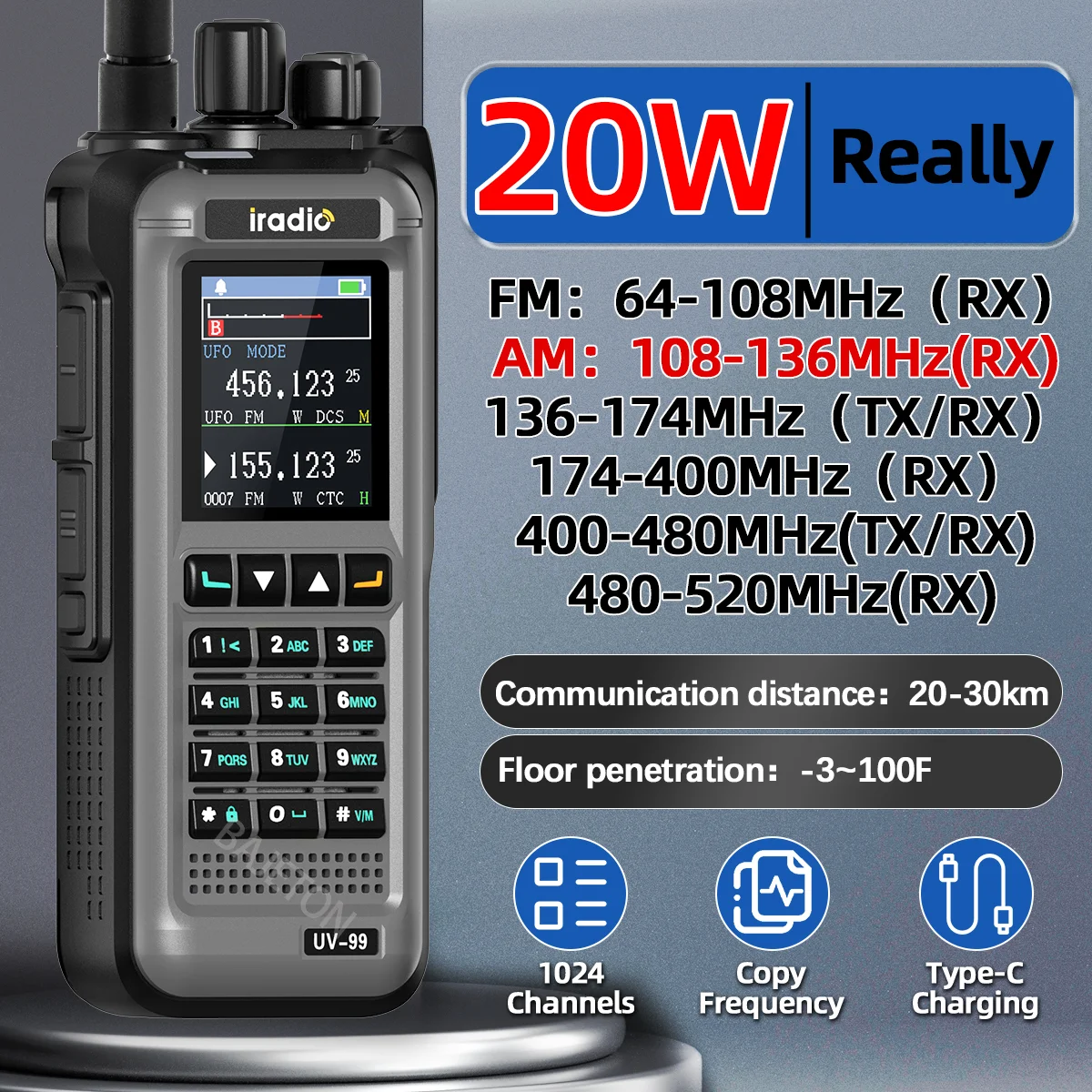 UV-99 Air Band 20W Walkie Talkie Long Range Multi Band Tri Power 1024CH Wireless Copy Frequency NOAA Type-C Ham Radio
UV-99 Air Band 20W Walkie Talkie Long Range Multi Band Tri Power 1024CH Wireless Copy Frequency NOAA Type-C Ham Radio