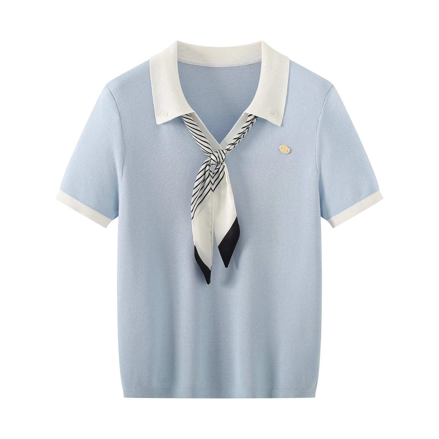 Light Blue White Contrast Polo Collar Knit Top Women Striped Scarf Tie Short Sleeve Honeycomb Textured Slim Casual Summer Blouse
Light Blue White Contrast Polo Collar Knit Top Women Striped Scarf Tie Short Sleeve Honeycomb Textured Slim Casual Summer Blouse