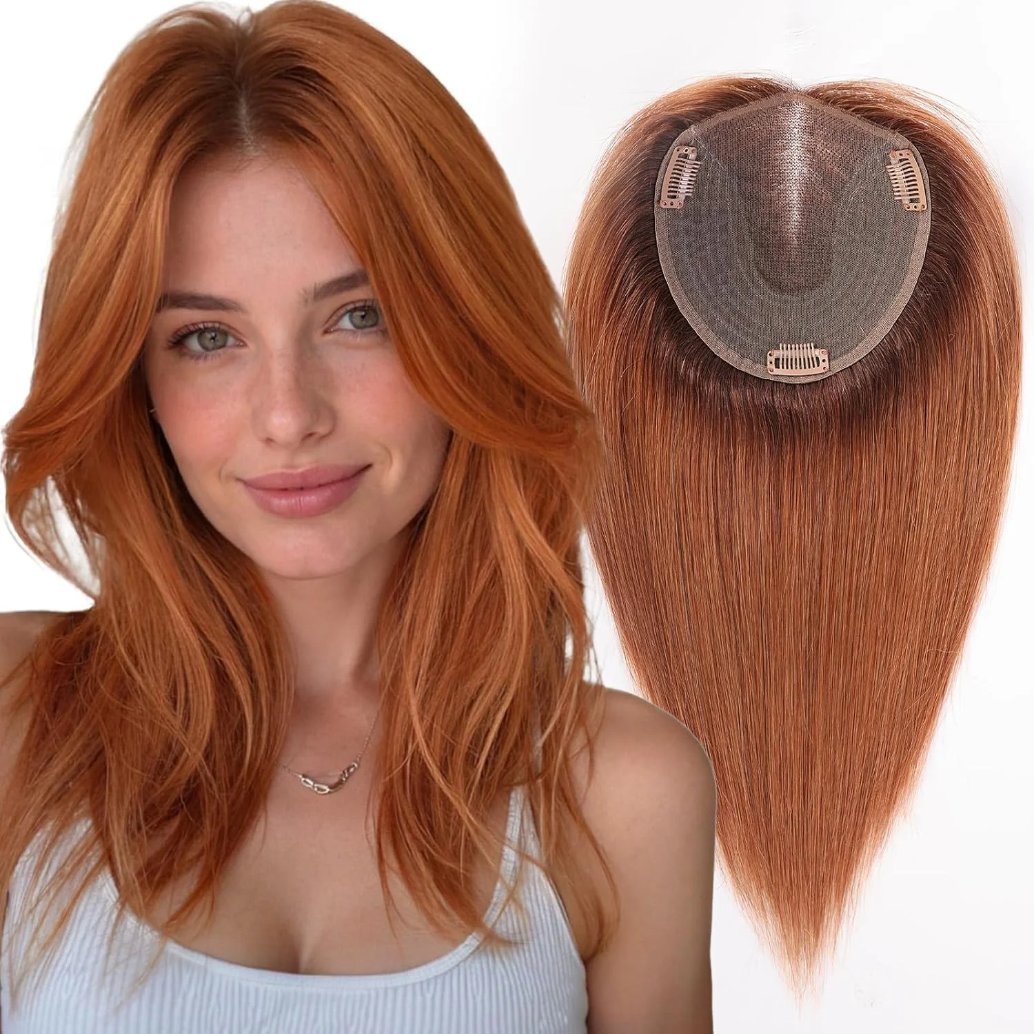 14 Inch Ginger Human Hair Topper for Women 5" × 6" Upgrade Swiss Lace Base with 3 Non-Slip Clips 100% Real Hair Toppers 60 Gram
14 Inch Ginger Human Hair Topper for Women 5" × 6" Upgrade Swiss Lace Base with 3 Non-Slip Clips 100% Real Hair Toppers 60 Gram