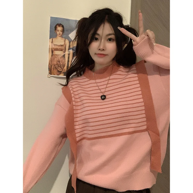 Women's 2022 Autumn and Winter New Splice Stripe Soft Waxy Knitwear Loose Temperament Versatile Round Neck Pink Female Pullover
Women's 2022 Autumn and Winter New Splice Stripe Soft Waxy Knitwear Loose Temperament Versatile Round Neck Pink Female Pullover