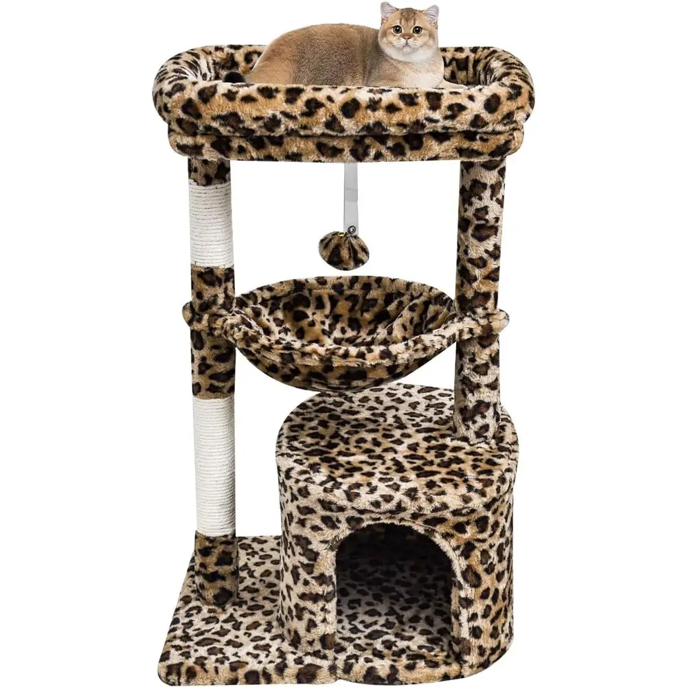 Compact Leopard Print Cat Tree with Scratching Post, Padded Perch, and Kitten Cradle
Compact Leopard Print Cat Tree with Scratching Post, Padded Perch, and Kitten Cradle