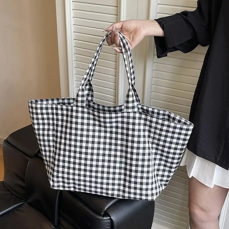 Gingham Canvas Tote Bag With Black White Plaid Design And Roomy Space Perfect For School Work Shopping Daily Use
Gingham Canvas Tote Bag With Black White Plaid Design And Roomy Space Perfect For School Work Shopping Daily Use