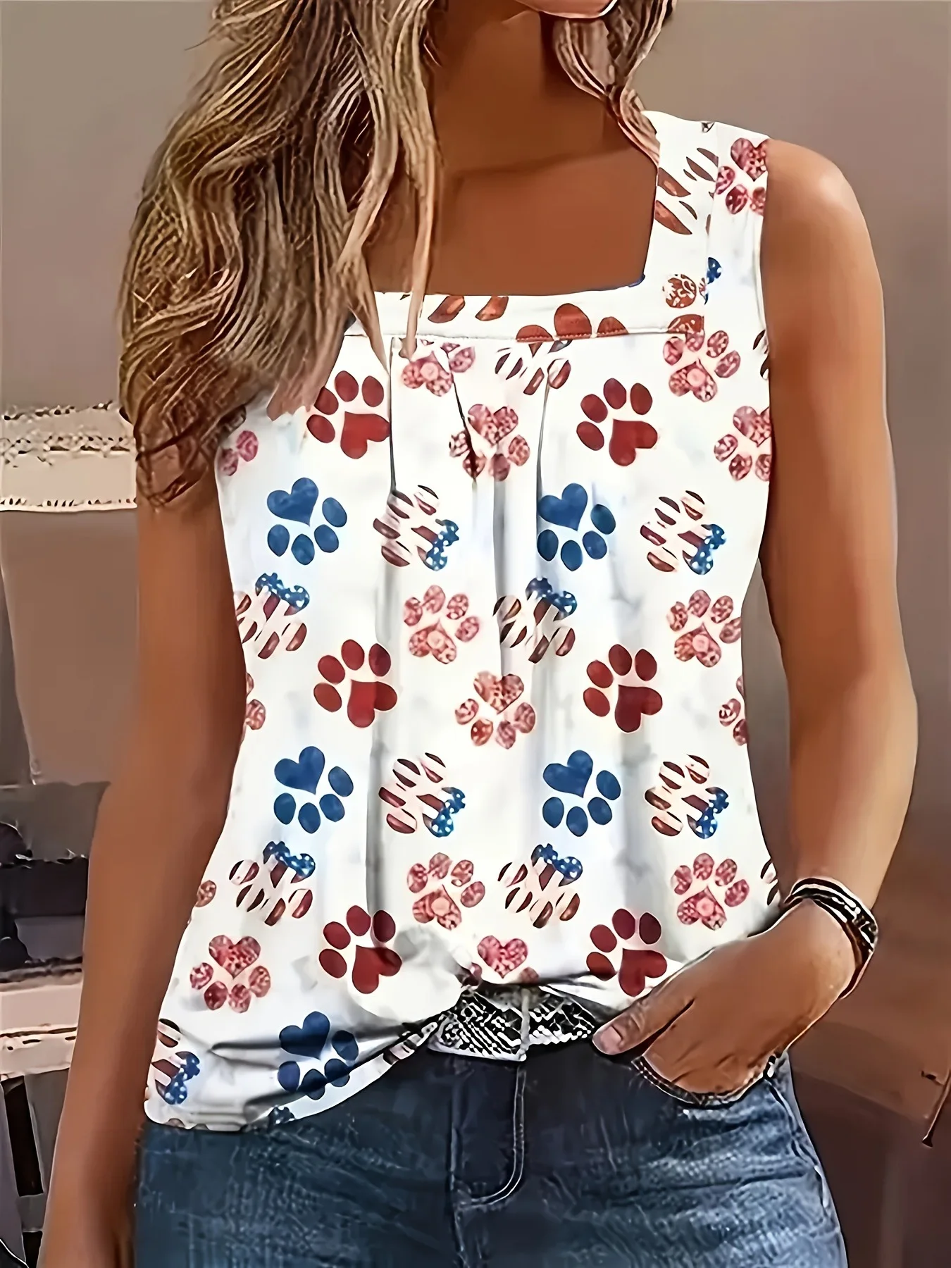 Women'S Pleated Square Collar Sleeveless Vest Print Shirt Plus Size Woman Clothes Summer Tank Fashion Women Summer Tops Femme
Women'S Pleated Square Collar Sleeveless Vest Print Shirt Plus Size Woman Clothes Summer Tank Fashion Women Summer Tops Femme