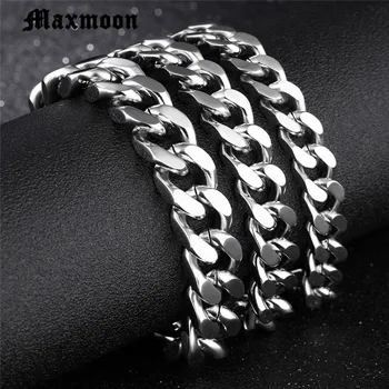 Maxmoon 남성용 광택 스테인리스 스틸 팔찌 체인, 실버 컬러, 블랙 골드 체인, 쿠바 링크, 3mm, 4mm, 6mm, 71mm