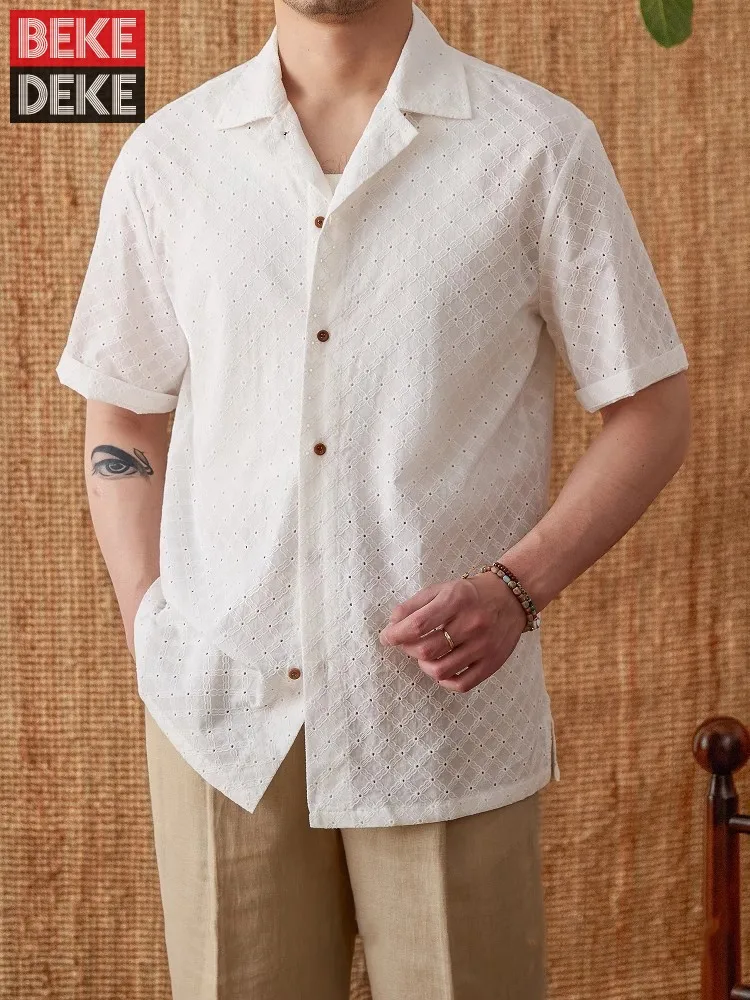 New Summer Mens Cotton Shirt Short Sleeve Hollowed Out Breathable Fashion Hawaii Shirts Holiday Casual Single Breasted Tops Male
New Summer Mens Cotton Shirt Short Sleeve Hollowed Out Breathable Fashion Hawaii Shirts Holiday Casual Single Breasted Tops Male