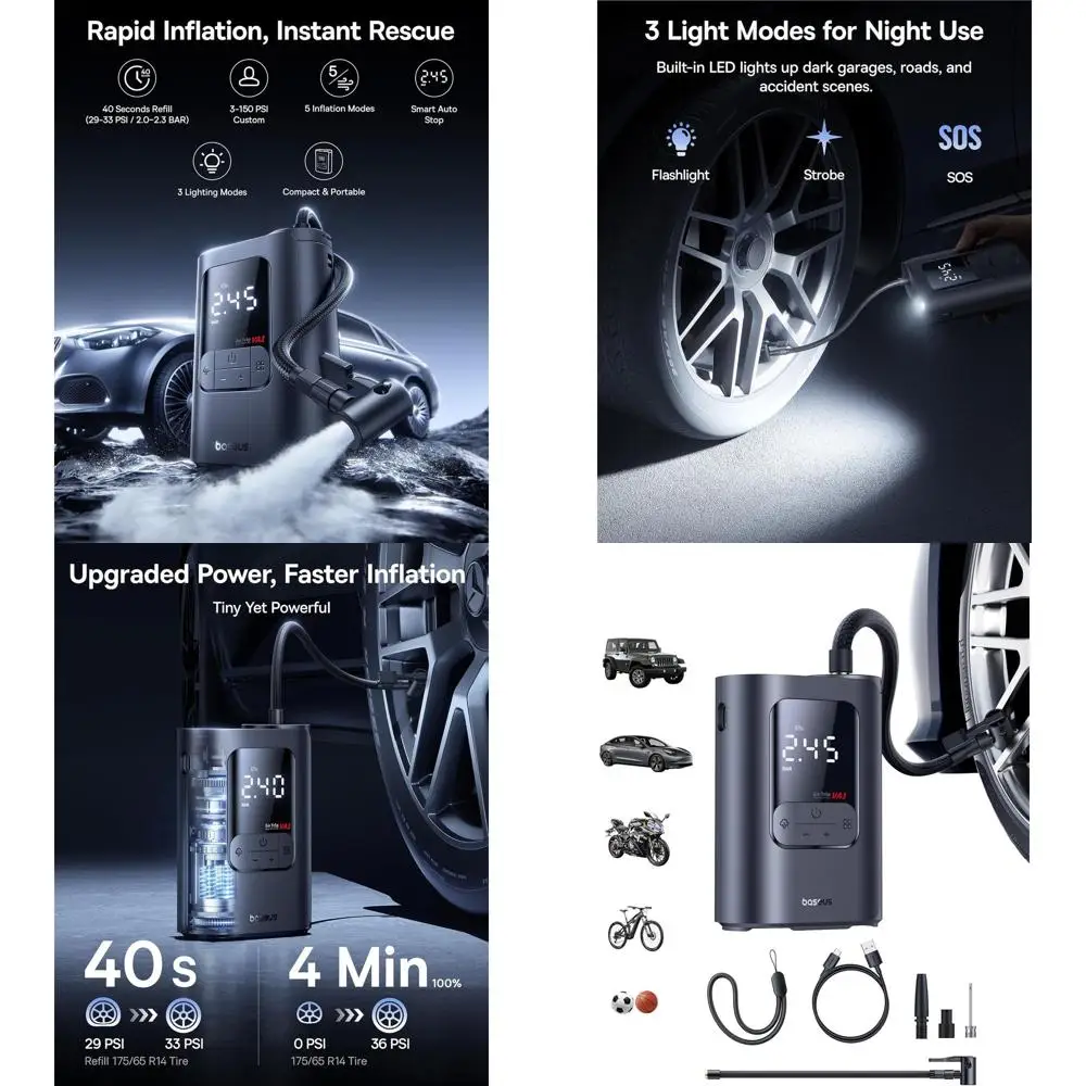 Portable 150PSI Cordless Tire Inflator, Fast Electric Air Pump with 7500mAh Battery for Cars, Motorcycles, and Bicycles
Portable 150PSI Cordless Tire Inflator, Fast Electric Air Pump with 7500mAh Battery for Cars, Motorcycles, and Bicycles