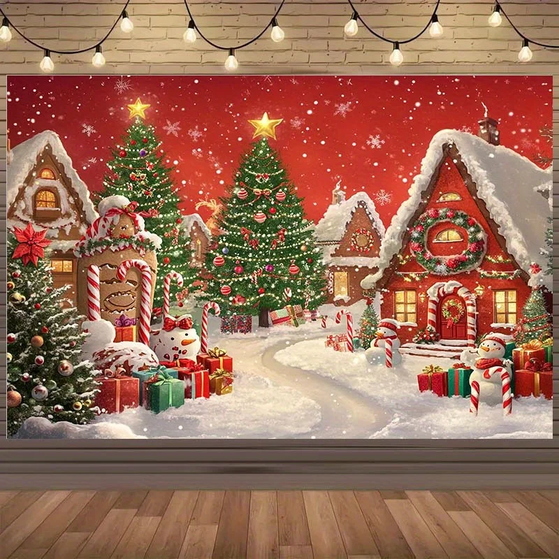 Праздничный рождественский деревенский фон со снежными сценами, декоративными деревьями и пряничными домиками - полиэстер - день рождения
Праздничный рождественский деревенский фон со снежными сценами, декоративными деревьями и пряничными домиками - полиэстер - день рождения