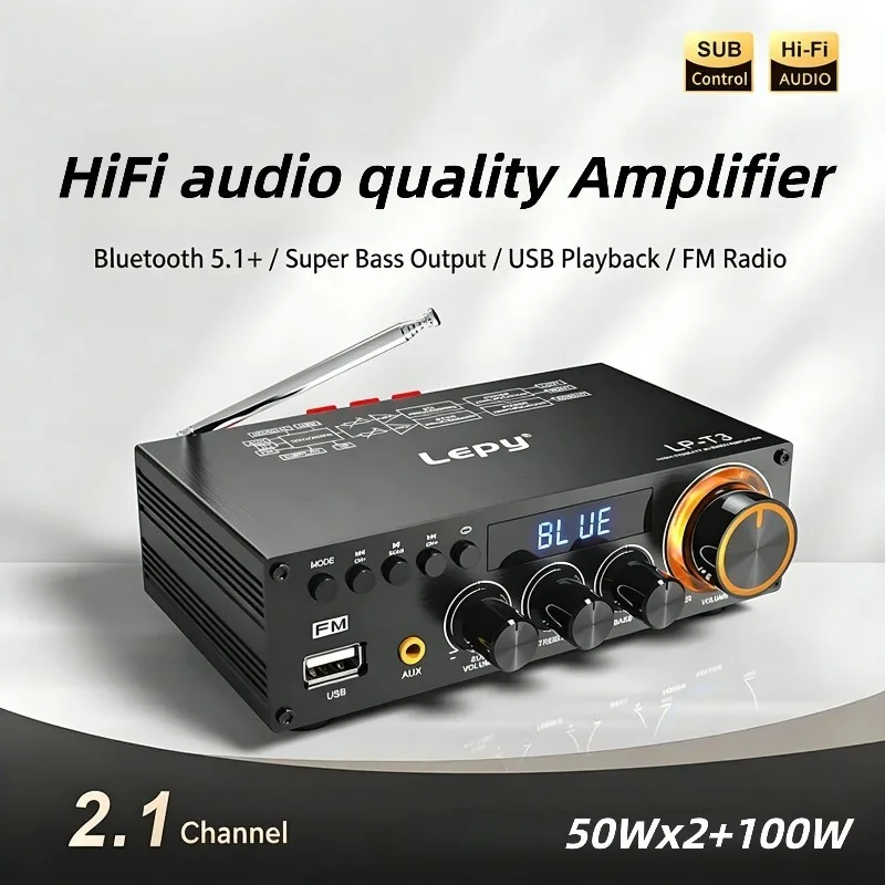 Amplifier T3 high-power HiFi sound 2.1 channel Bluetooth 5.1+ Coaxial 50W×2+100W with Subwoofer Home/Car USB SUB FM
Amplifier T3 high-power HiFi sound 2.1 channel Bluetooth 5.1+ Coaxial 50W×2+100W with Subwoofer Home/Car USB SUB FM