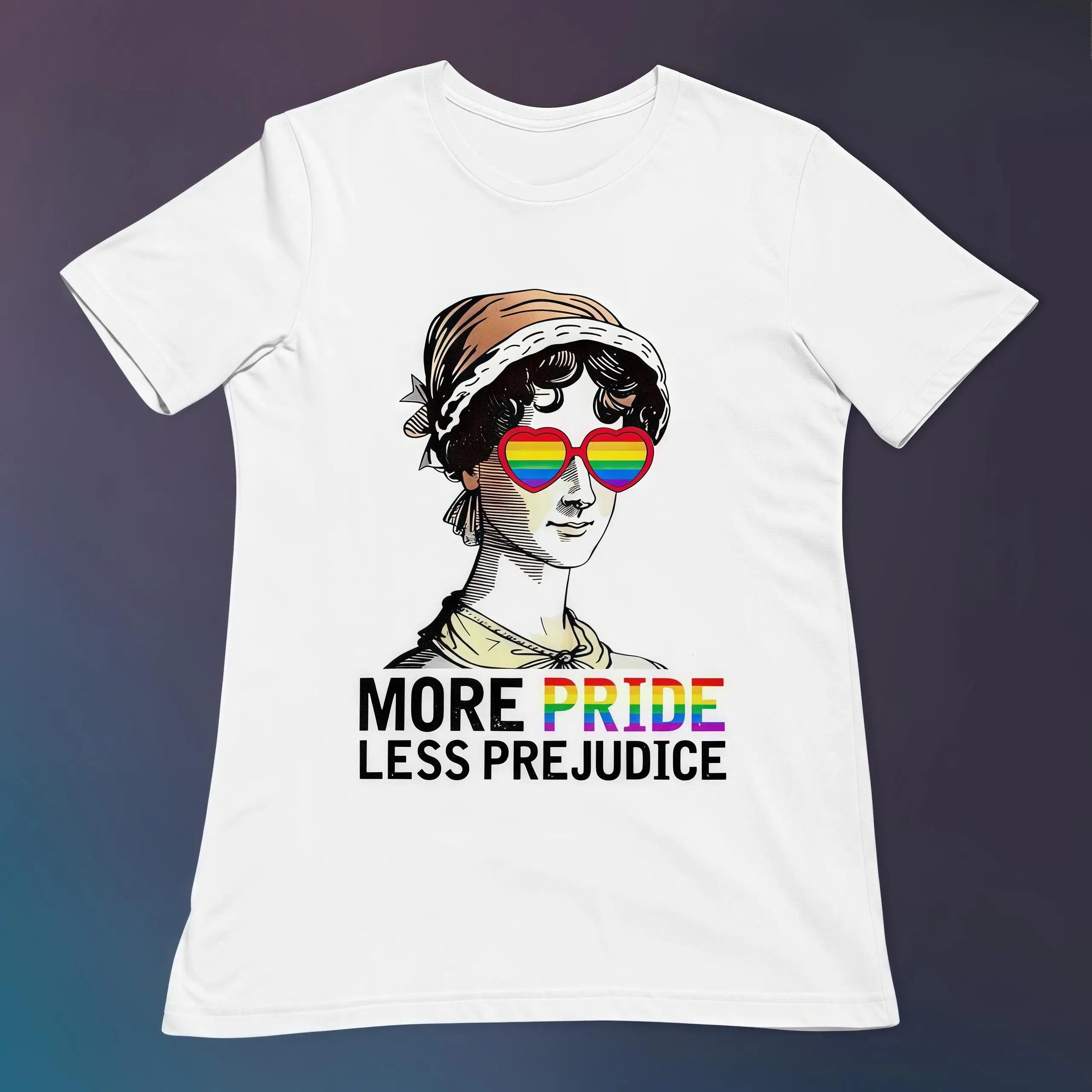 "More Pride Less Prejudice" T-shirt, Vintage Jane Austen Graphic Tee, Bookish Feminist Top, Pride Month Apparel
"More Pride Less Prejudice" T-shirt, Vintage Jane Austen Graphic Tee, Bookish Feminist Top, Pride Month Apparel
