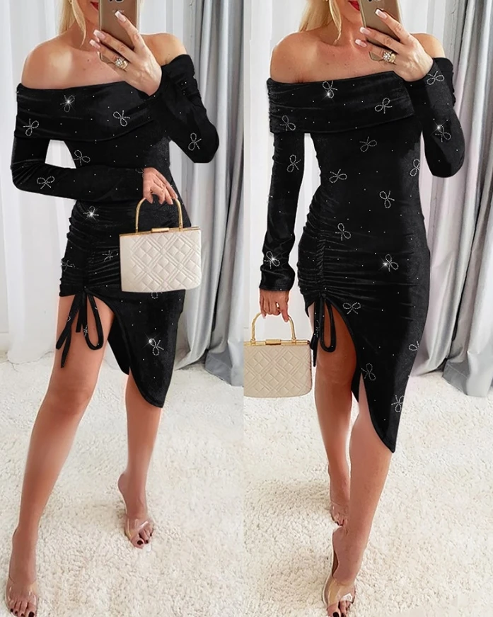 Sexy Rhinestone Bowknot Pattern Off Shoulder Bodycon Dress Side Drawstring Asymmetrical Midi Dress 2025Autumn Winter New Fashion
Sexy Rhinestone Bowknot Pattern Off Shoulder Bodycon Dress Side Drawstring Asymmetrical Midi Dress 2025Autumn Winter New Fashion
