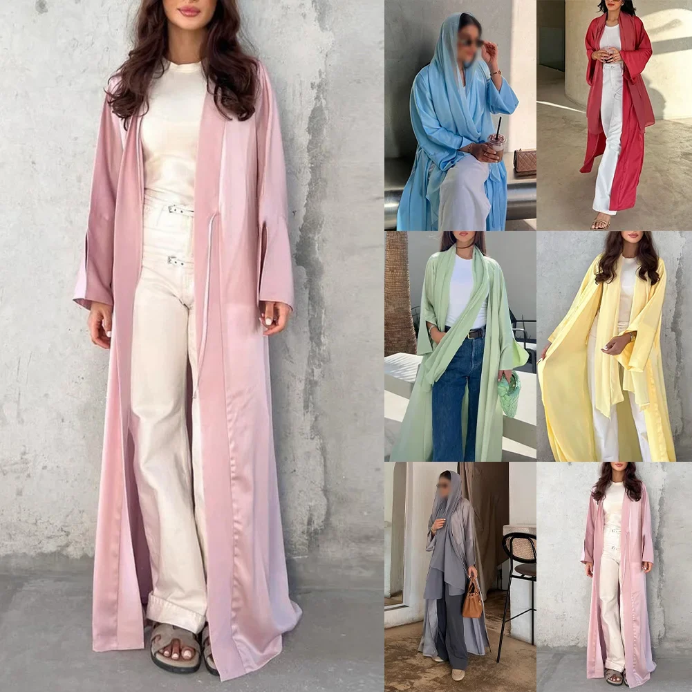 Women Eid Ramadan Muslim Satin Cardigan Dresses Dubai Party Lace Up Long Robe Ladies Collarless Dress
Women Eid Ramadan Muslim Satin Cardigan Dresses Dubai Party Lace Up Long Robe Ladies Collarless Dress