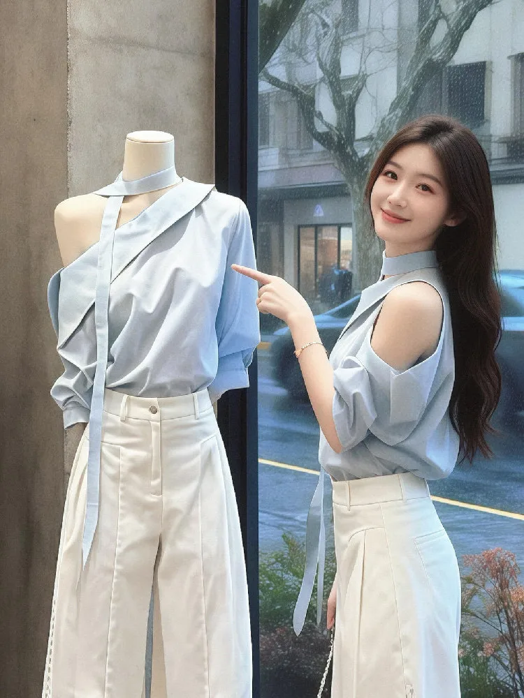 Elegant Blue Asymmetrical Shoulder Shirt for Women Summer Sweet Sash Design Commute Versatile Top French Style Slim Fit Long ...
Elegant Blue Asymmetrical Shoulder Shirt for Women Summer Sweet Sash Design Commute Versatile Top French Style Slim Fit Long ...