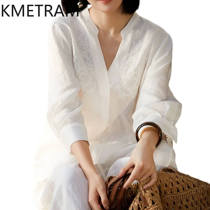 KMETRAM 100% Linen Shir Women Elegant White Embroidery Blouse V-Neck Casual Summer Tops for Woman Clothing 2026 рубашка женская
KMETRAM 100% Linen Shir Women Elegant White Embroidery Blouse V-Neck Casual Summer Tops for Woman Clothing 2026 рубашка женская
