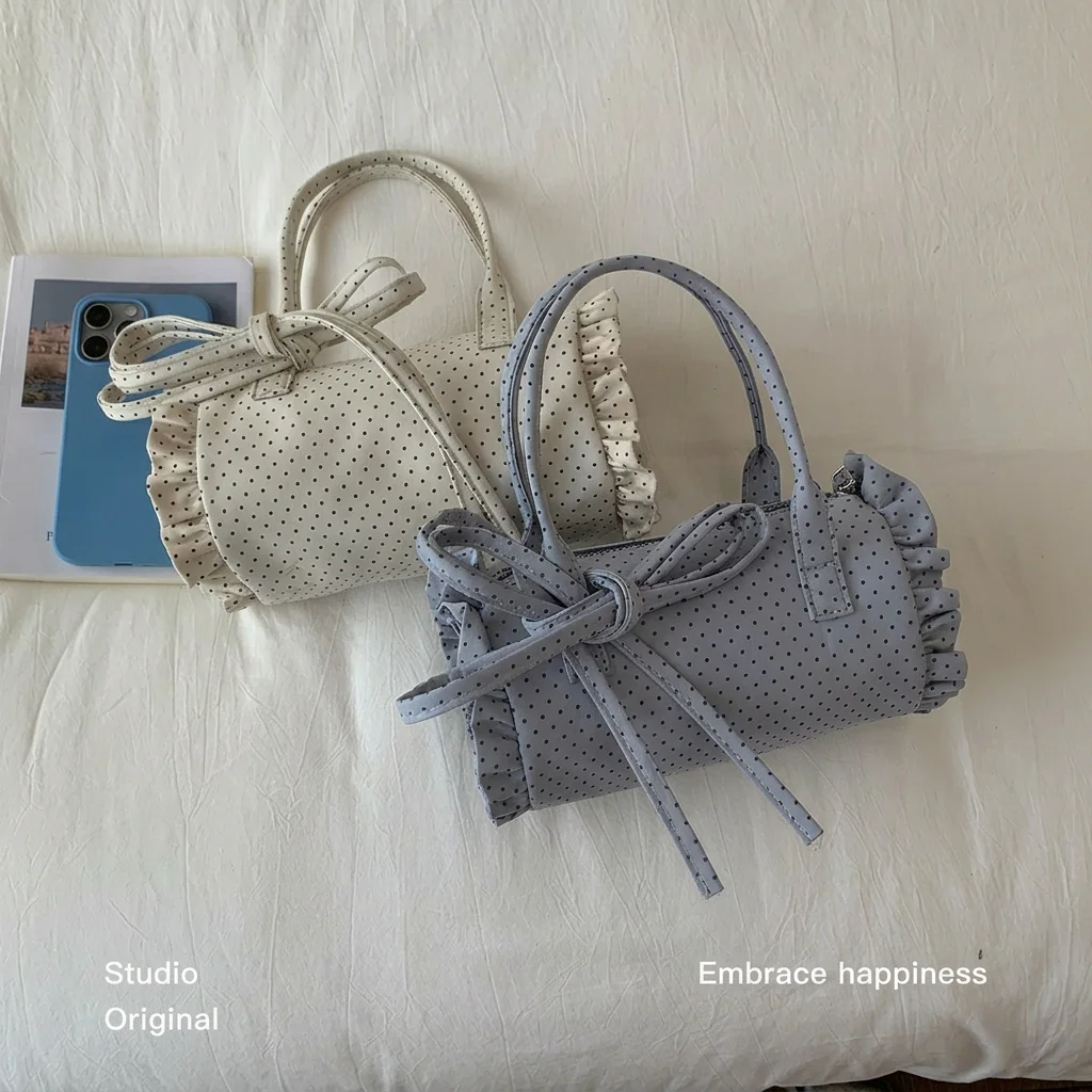 Detachable Strap Bag Sweet Polka Dot Mini Cylinder Bag Ruffle Trim Bag Comfortable Canvas Bow Handbag For Daily Outfit Casual
Detachable Strap Bag Sweet Polka Dot Mini Cylinder Bag Ruffle Trim Bag Comfortable Canvas Bow Handbag For Daily Outfit Casual