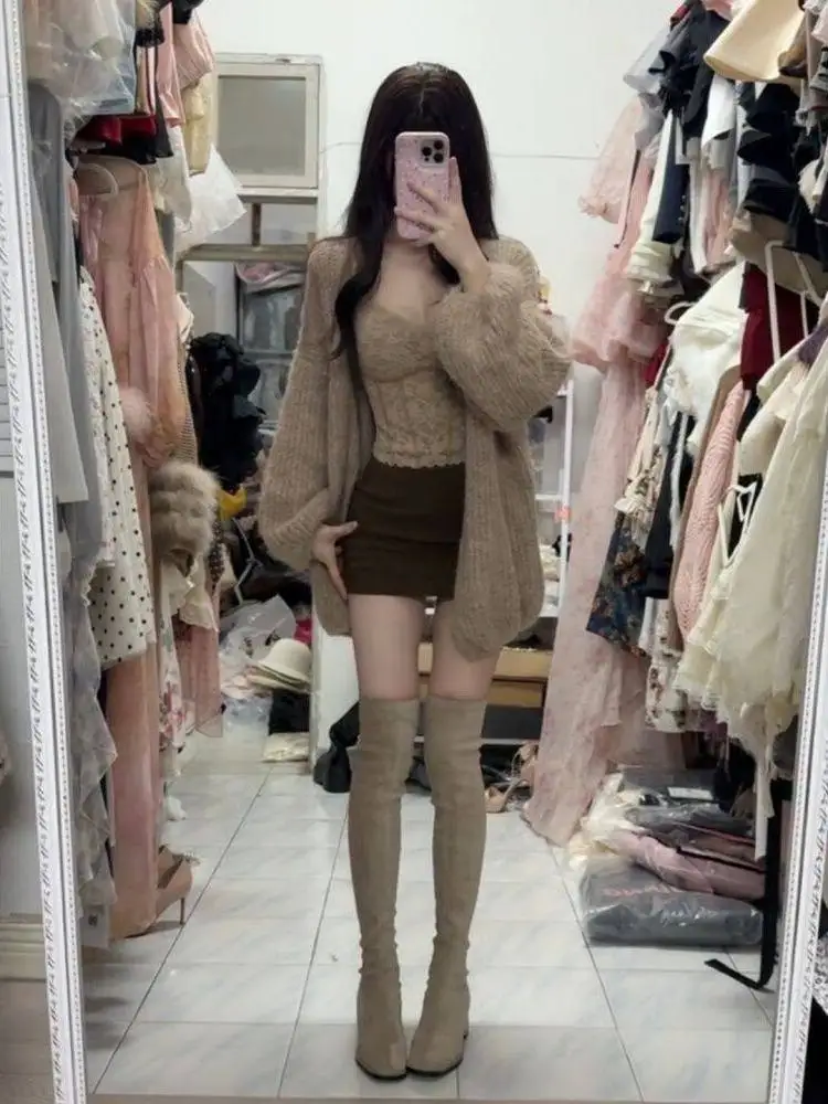 Loose Long Sleeve Knitted Open Cardigan Women's Spring Autumn Winter Casual Style Outerwear Coffee Color Sweater Overgarment
Loose Long Sleeve Knitted Open Cardigan Women's Spring Autumn Winter Casual Style Outerwear Coffee Color Sweater Overgarment