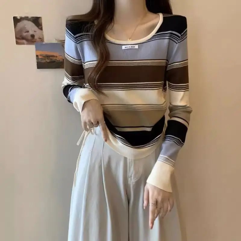 Contrasting Colors Striped Pullovers Women's Clothing Stylish Shirring Drawstring Spring Autumn Slim Long Sleeve Knitted T-shirt
Contrasting Colors Striped Pullovers Women's Clothing Stylish Shirring Drawstring Spring Autumn Slim Long Sleeve Knitted T-shirt