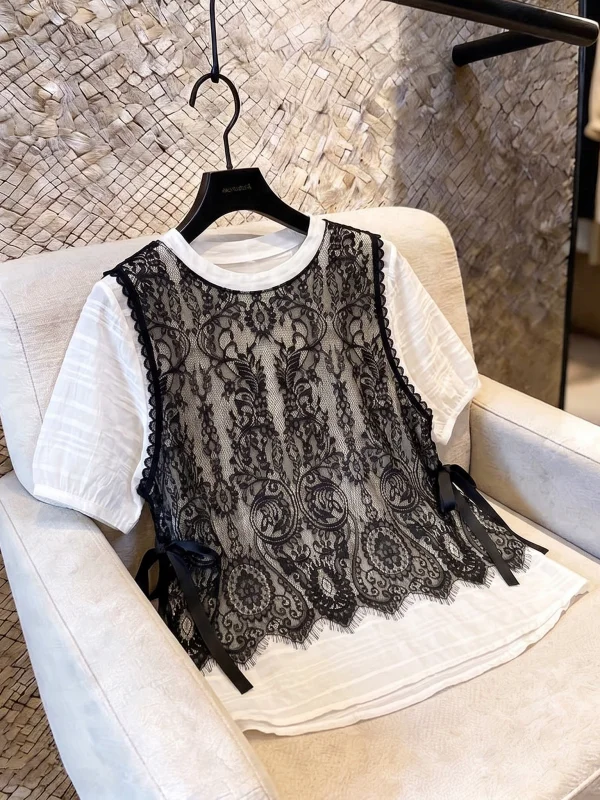 Lace Patchwork Short Sleeve Shirt Women's Loose Fashion Summer 2026 plus Size Slimming Top Korean Style round Neck Commute Wind
Lace Patchwork Short Sleeve Shirt Women's Loose Fashion Summer 2026 plus Size Slimming Top Korean Style round Neck Commute Wind